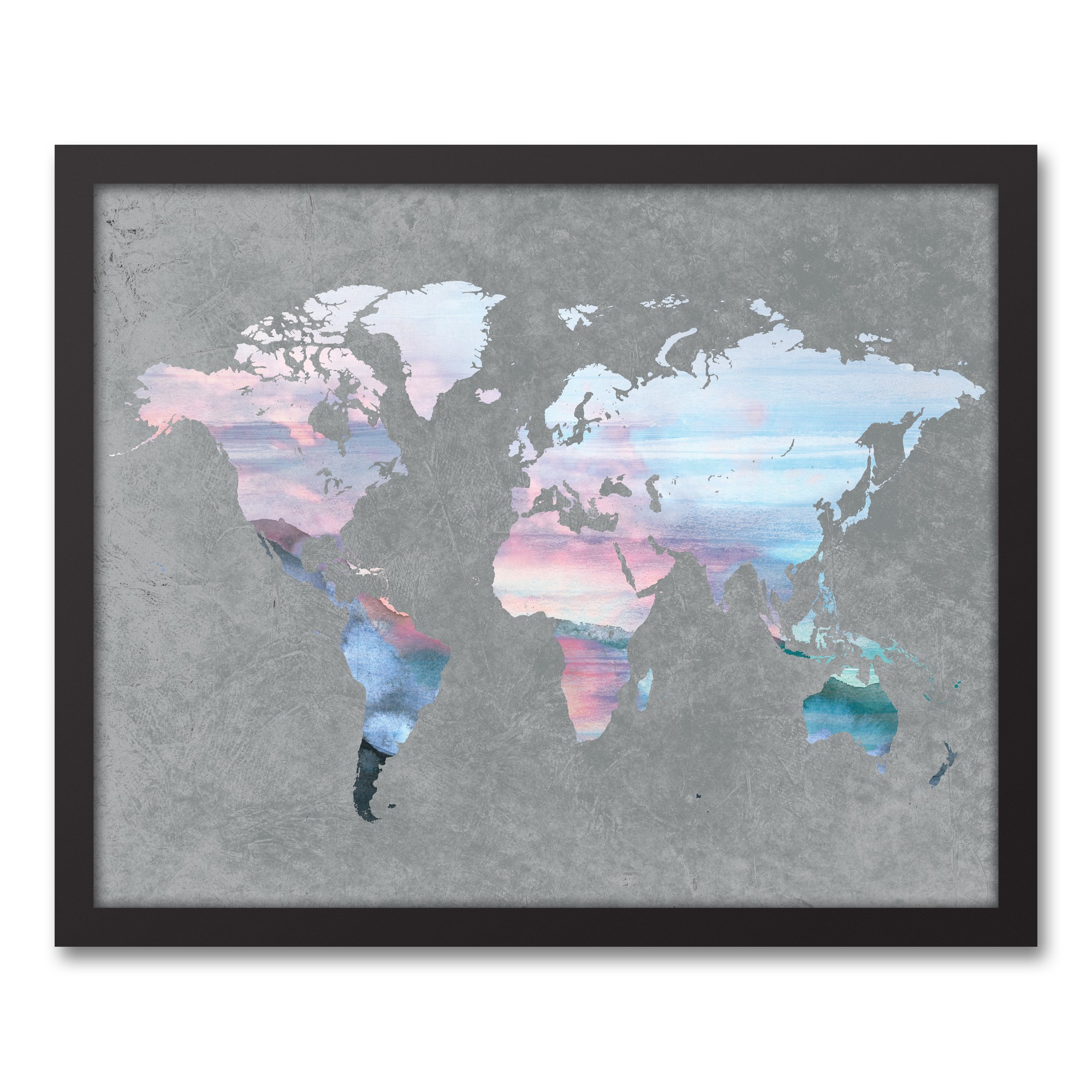 Pastel on Gray World Map 16x20 Black Framed Canvas