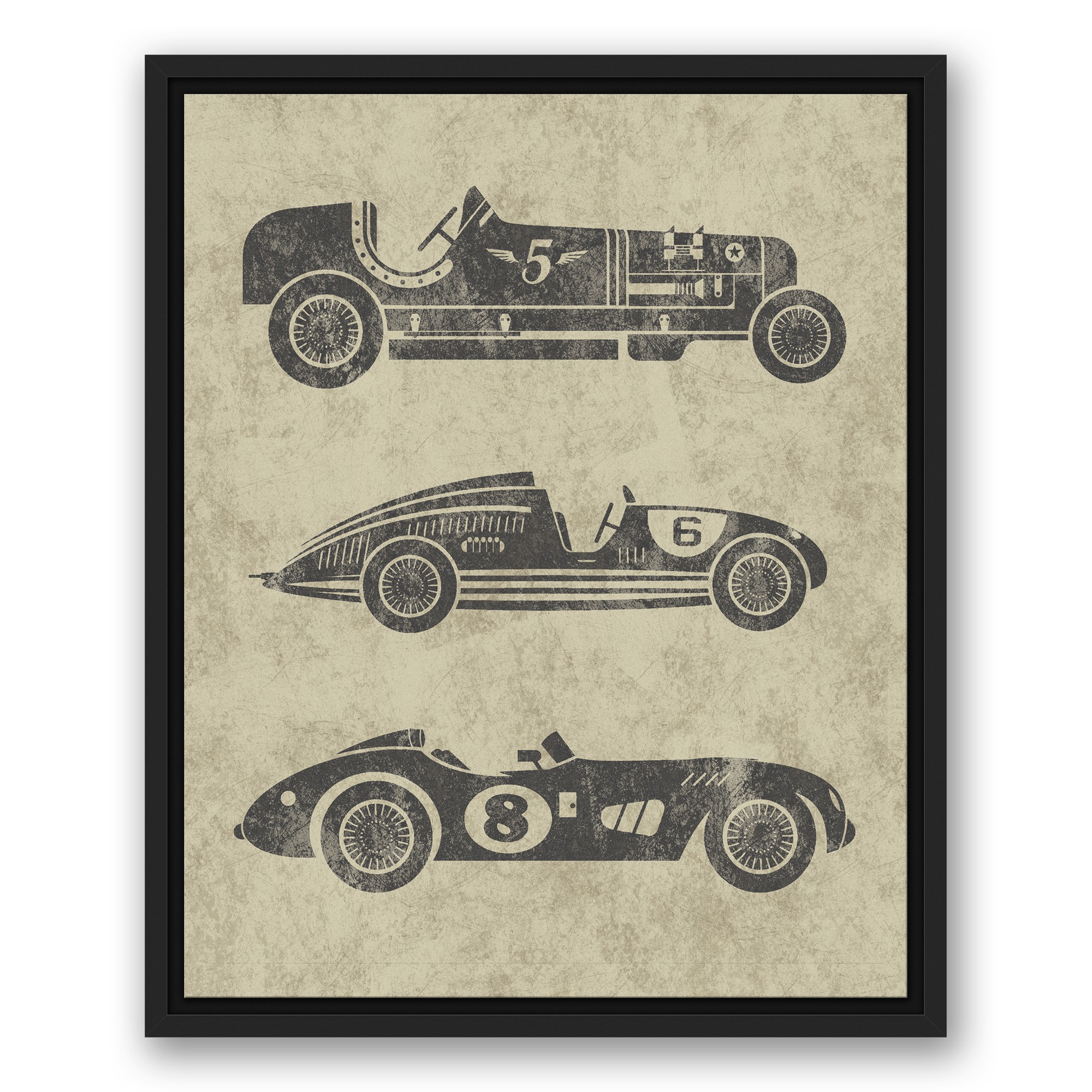 Vintage Race Cars 16x20 Black Floating Framed Canvas
