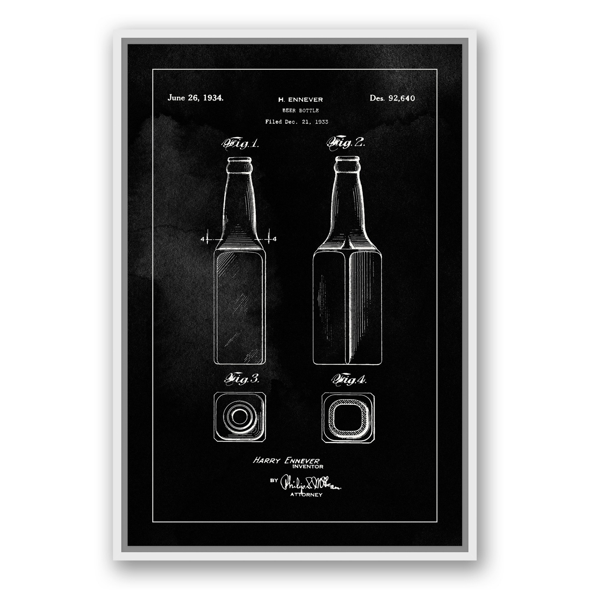 Beer Bottle Patent 1934 20x30 Black Floating Framed Canvas