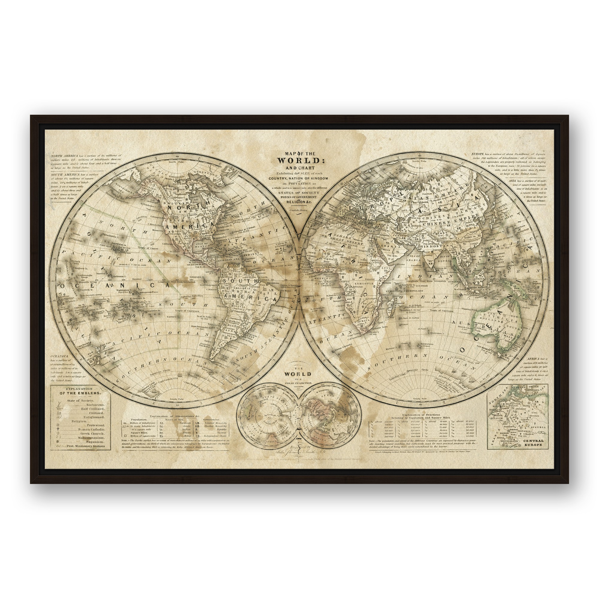Distressed Vintage Hemispheres 20x30 Black Floating Framed Canvas