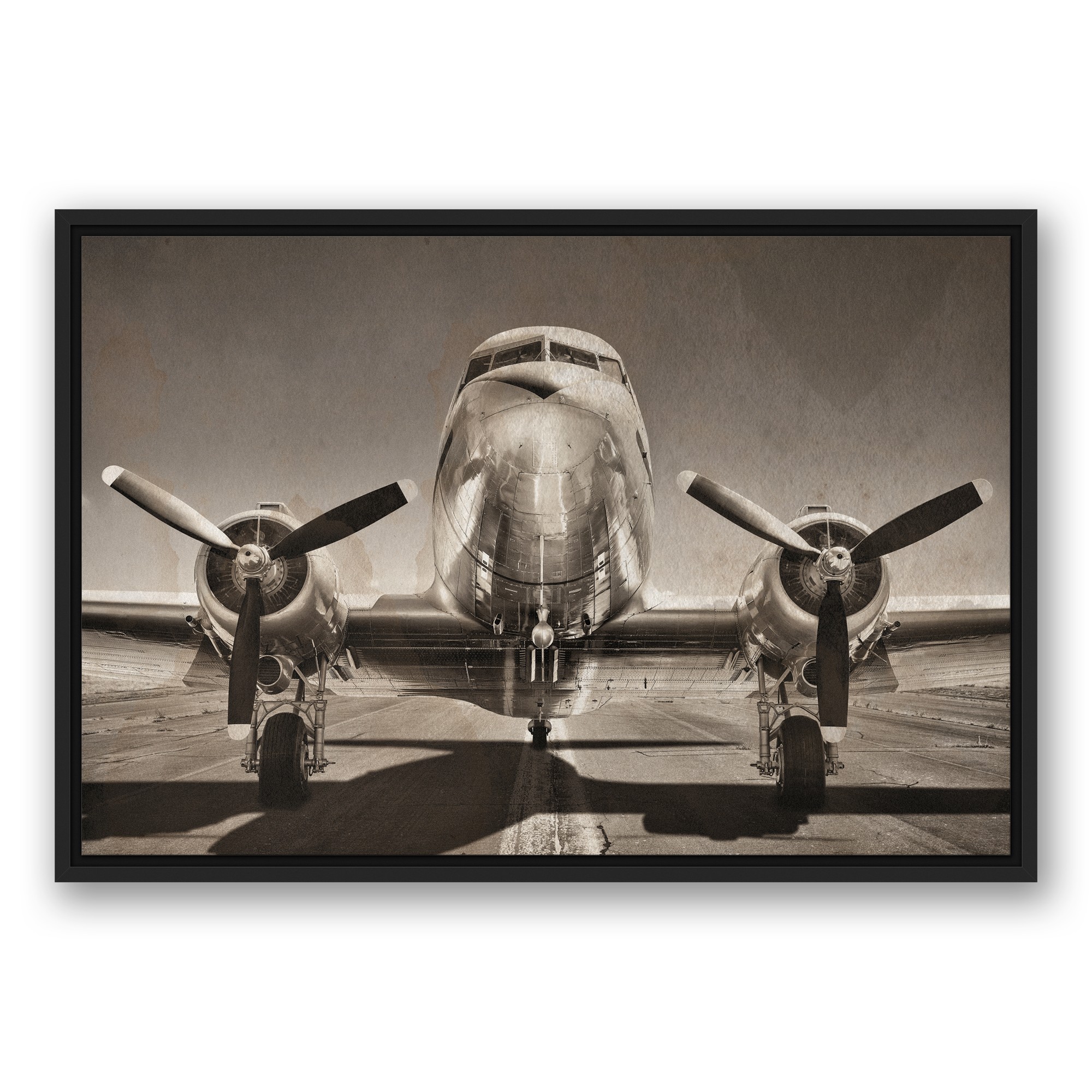 Vintage DC3 Airplane Photograph 20x30 Black Floating Framed Canvas