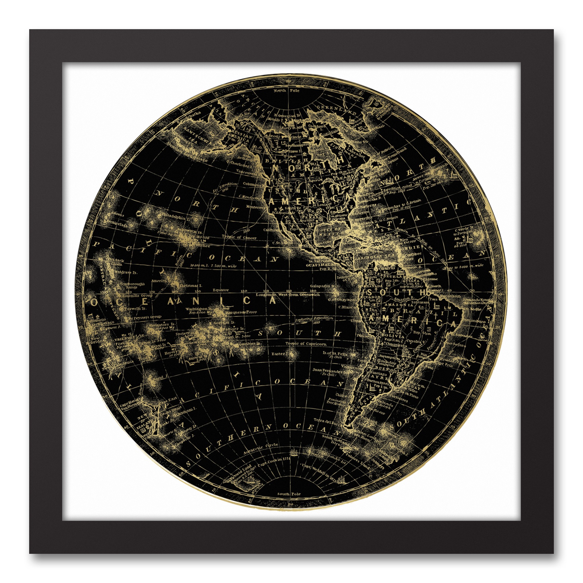 Globe Circle Print 2 12x12 Black Framed Canvas