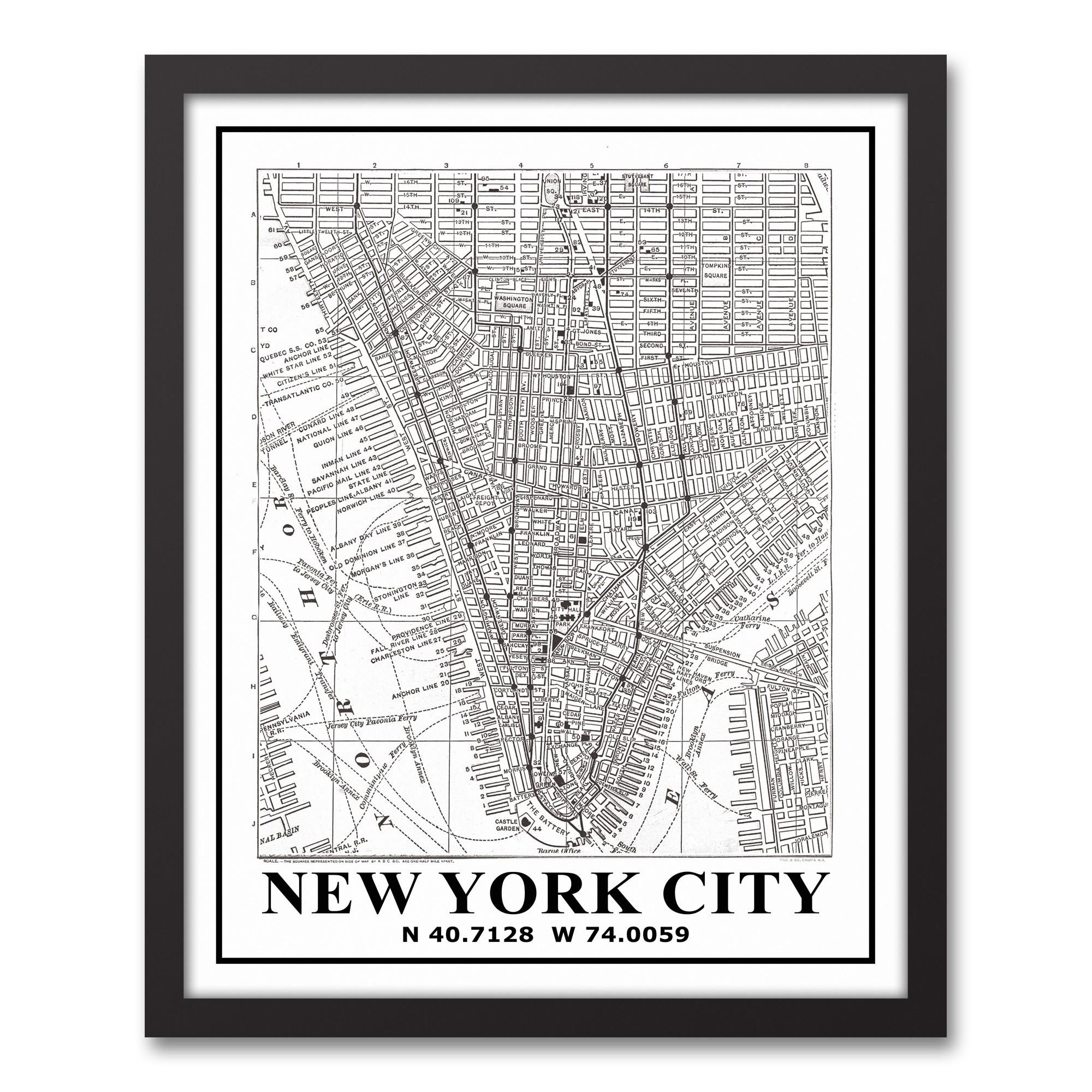 New York City Map 16x20 Black Framed Canvas