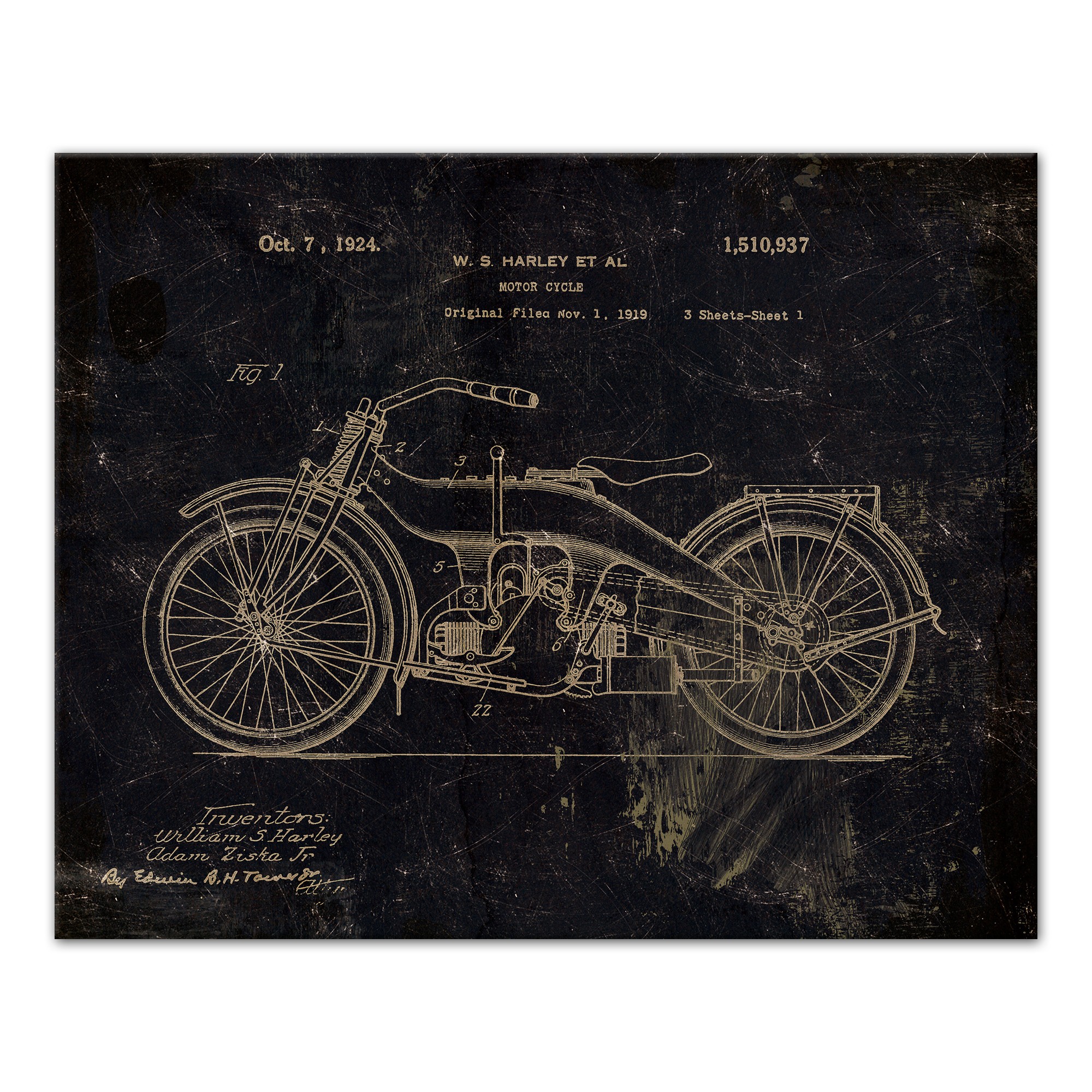 Harley Motor Cycle Patent Print 1919 16x20 Canvas Wall Art