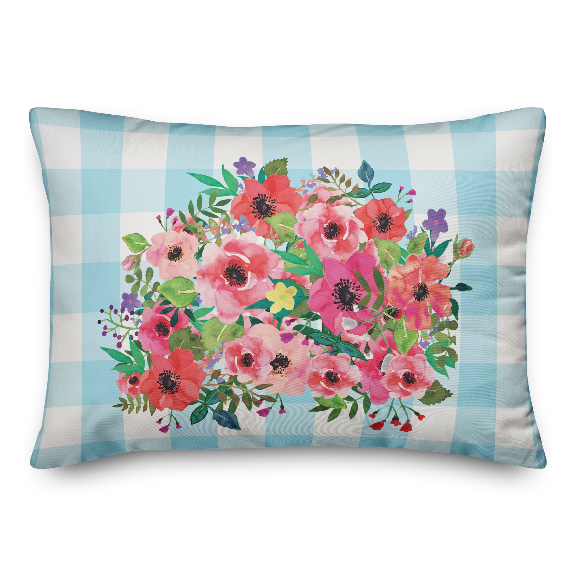 Blue Floral Buffalo Check 14x20 Spun Poly Pillow
