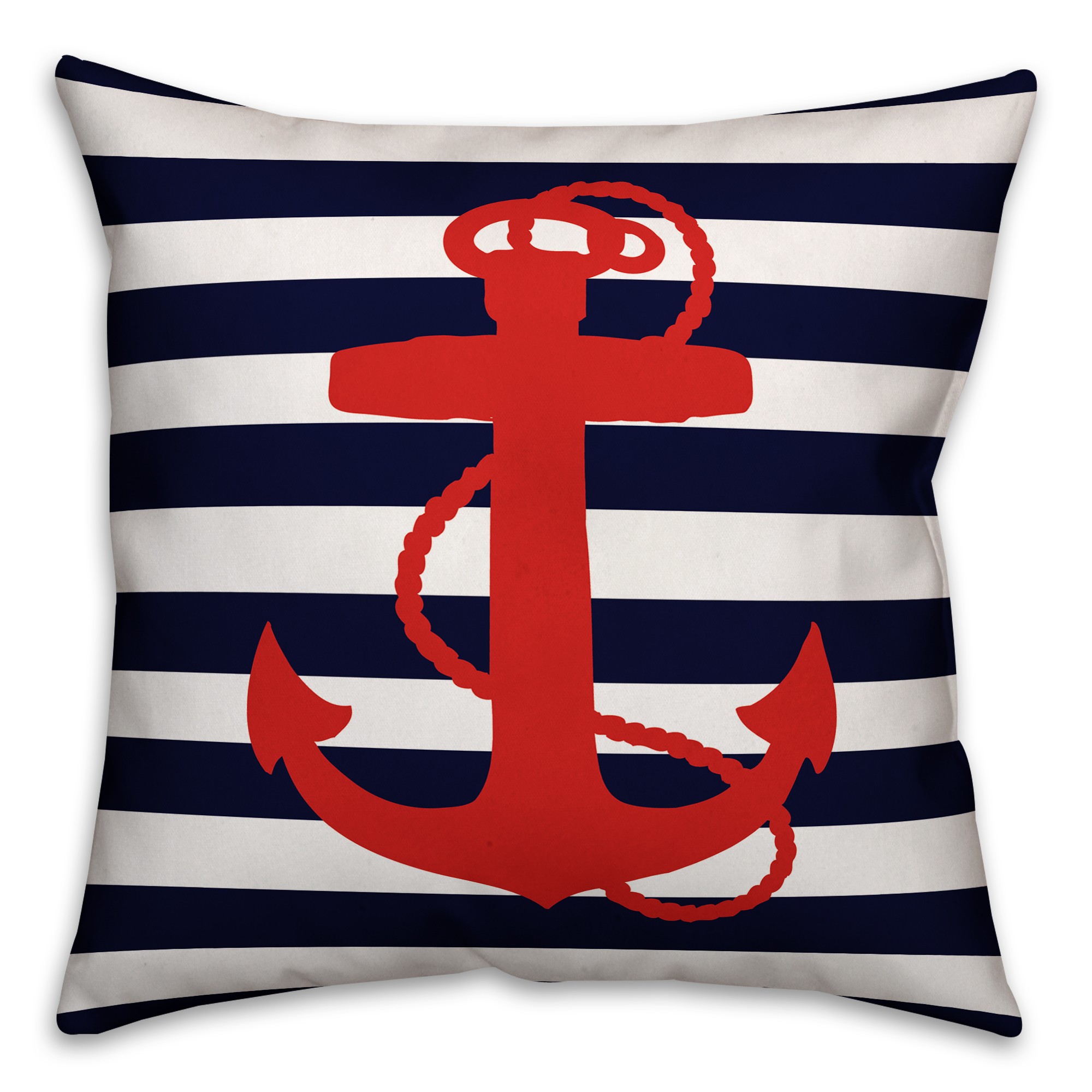 Navy Stripes Red Anchor 18x18 Spun Poly Pillow