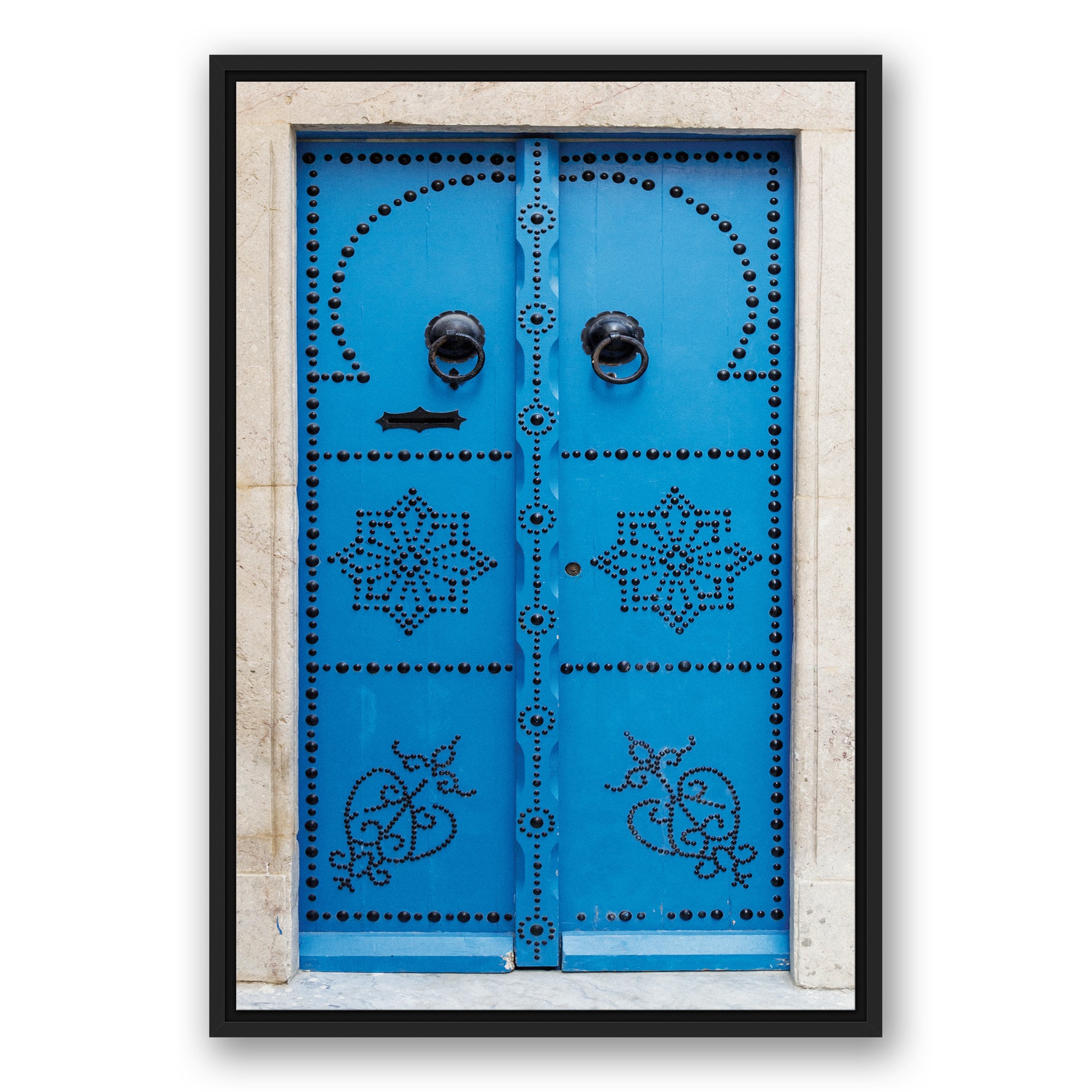 Blue Tunisian Door 16x20 Black Floating Framed Canvas