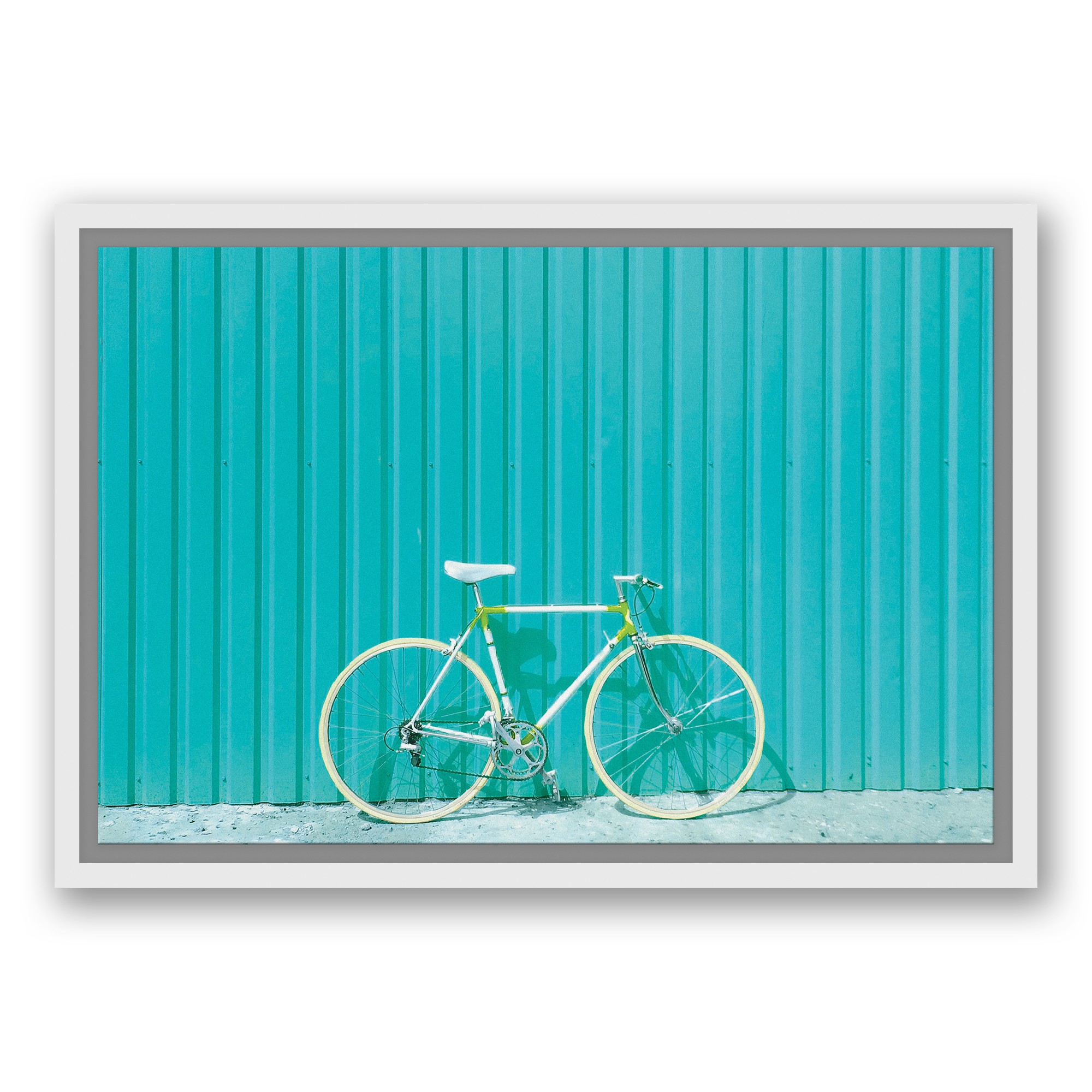 Bike on Teal Metal Siding 12x18 White Floating Framed Canvas
