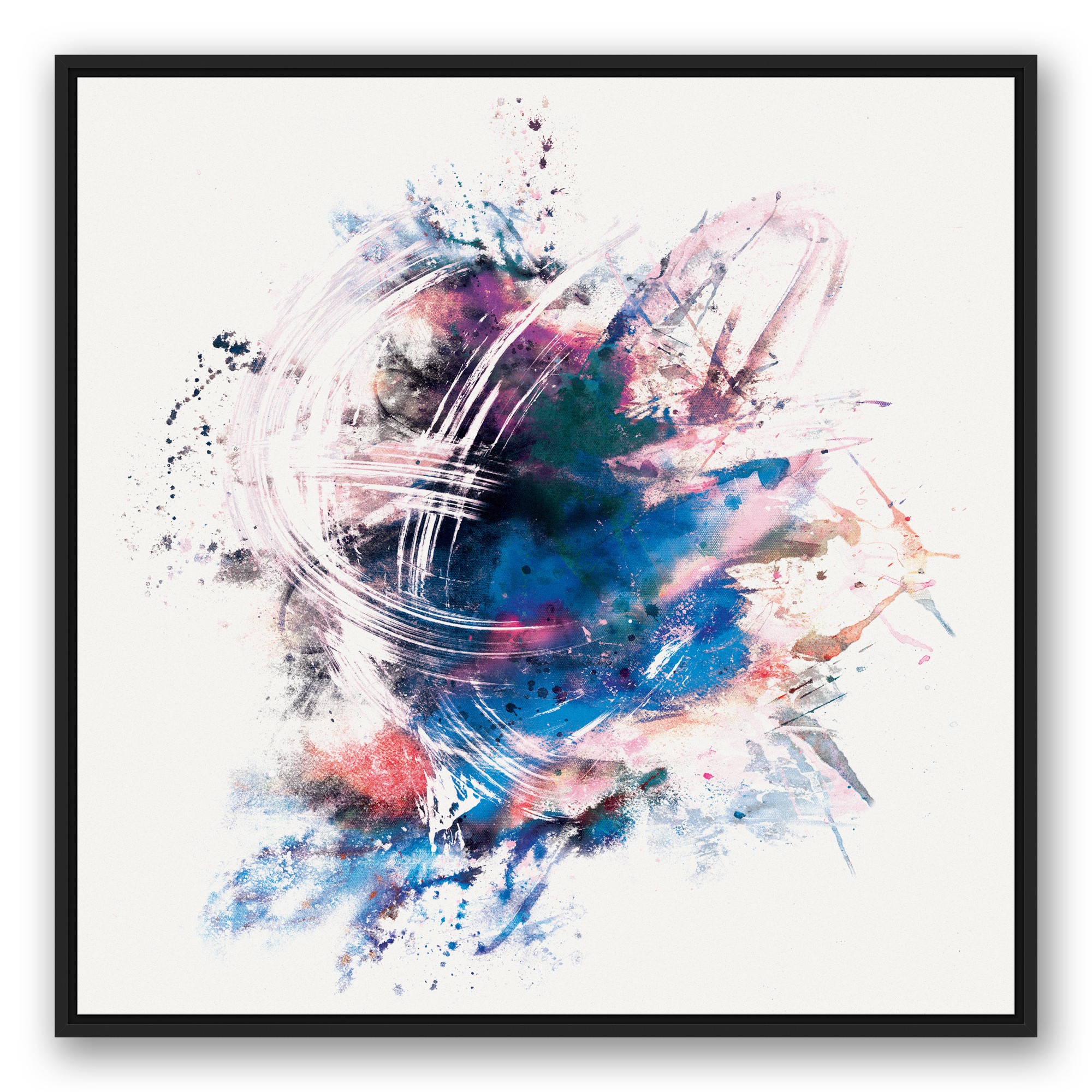 Colorful Blue Brush Strokes 36x36 Black Floating Framed Canvas