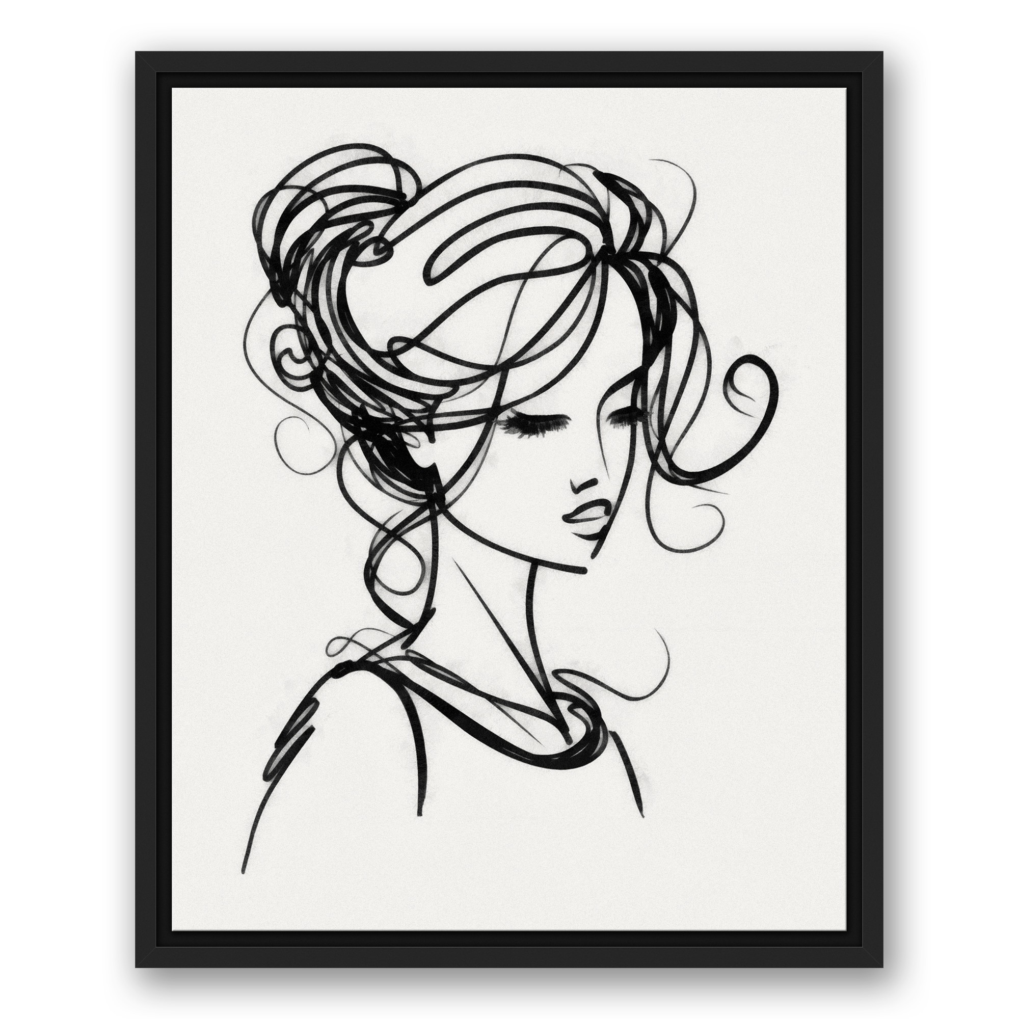 Girl Line Drawing Portrait 16x20 Black Floating Framed Canvas