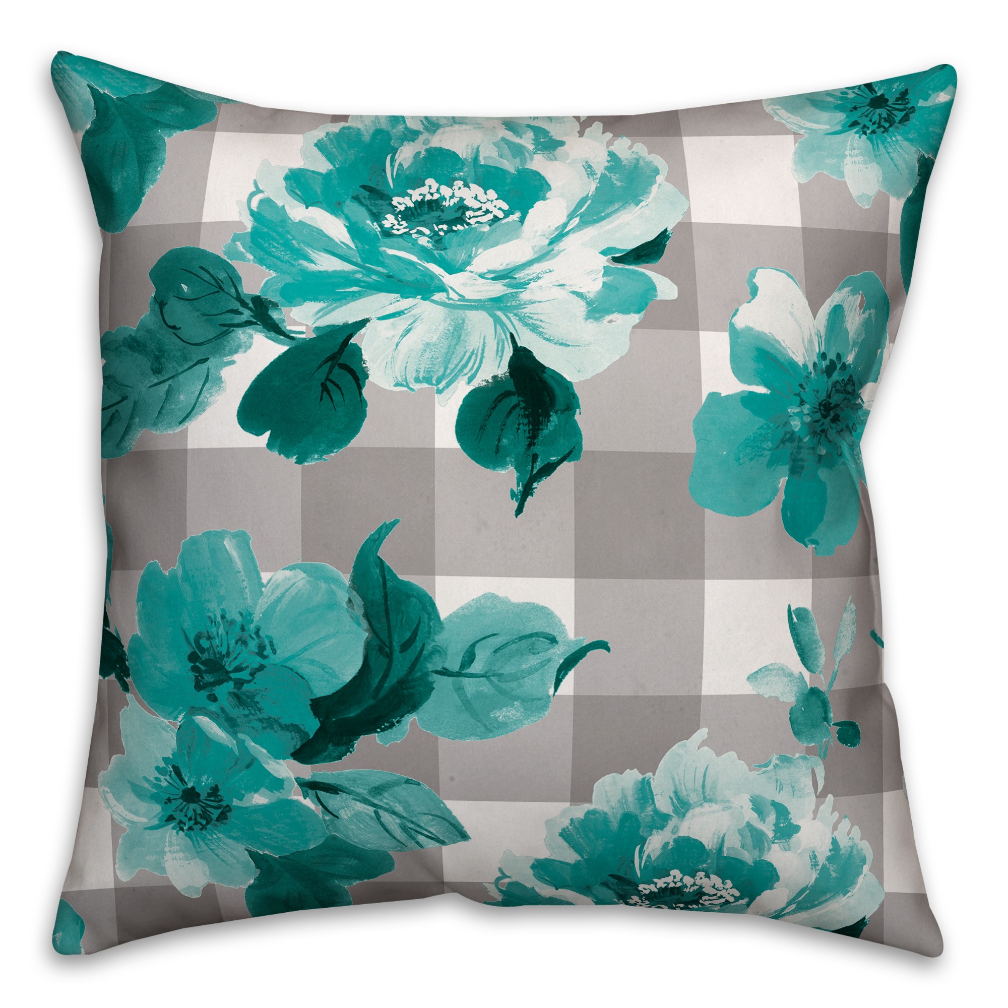 Teal Floral Buffalo Check 18x18 Indoor / Outdoor Pillow
