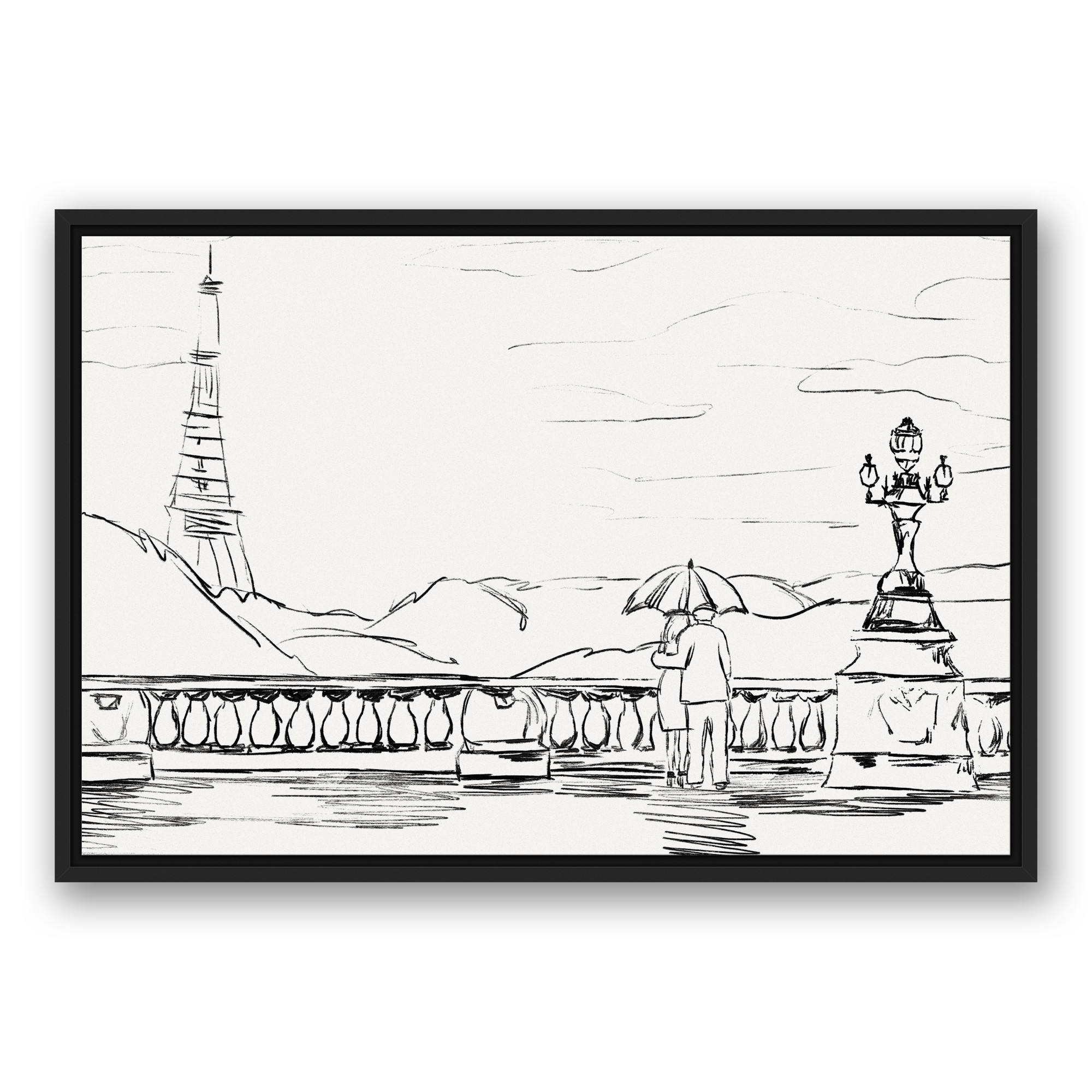 Paris Bridge Sketch 20x30 Black Floating Framed Canvas