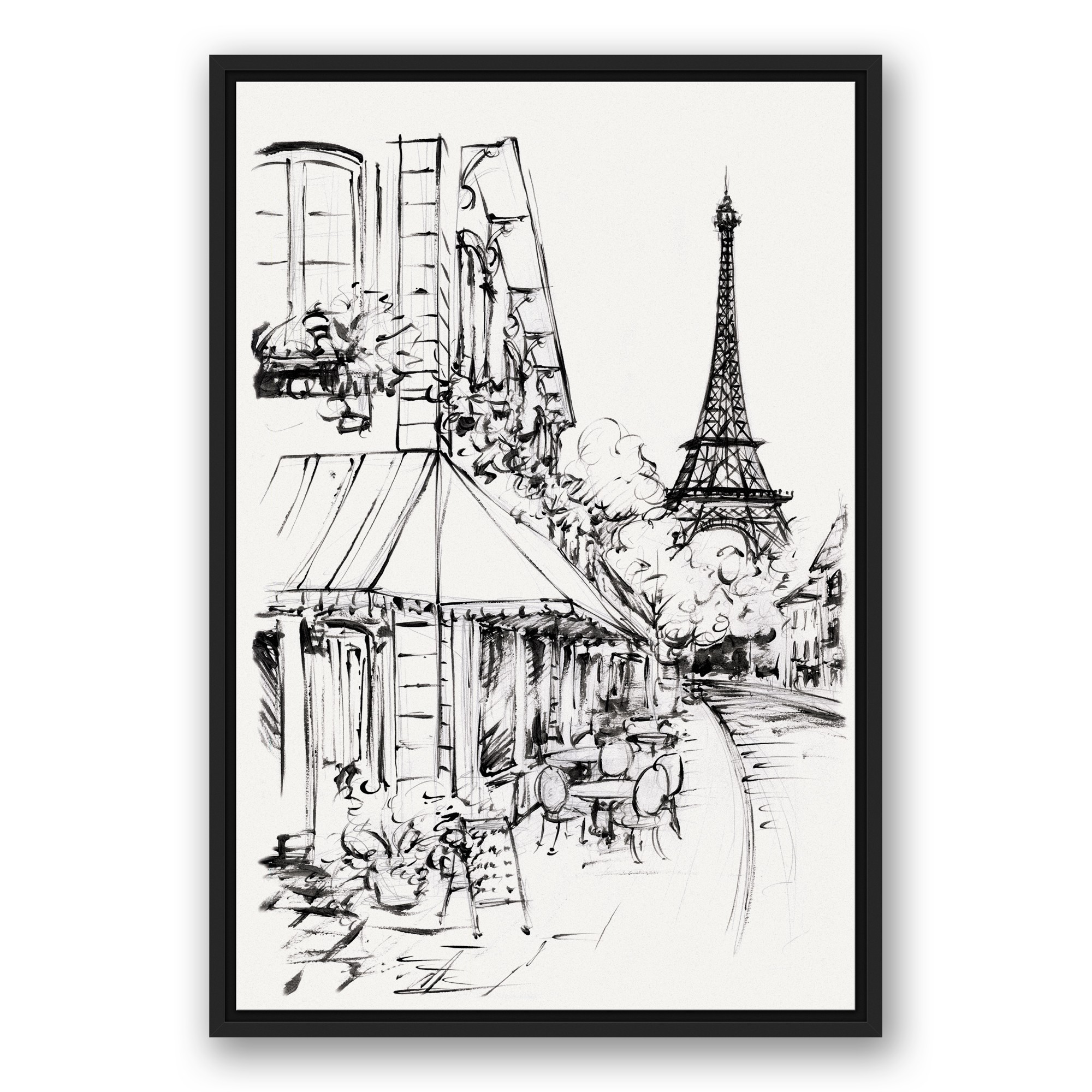 Paris Street Sketch 20x30 Black Floating Framed Canvas