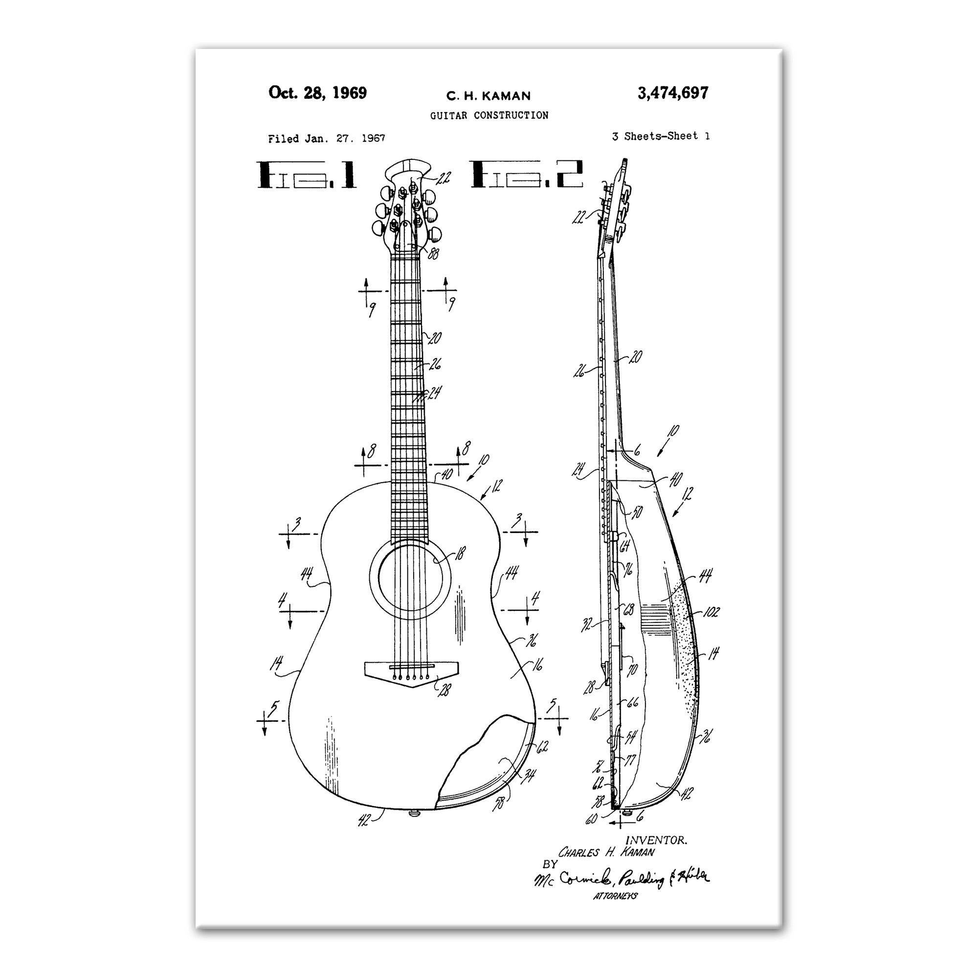 Vintage Guitar Sketch Patent 20x30 Canvas Wall Art