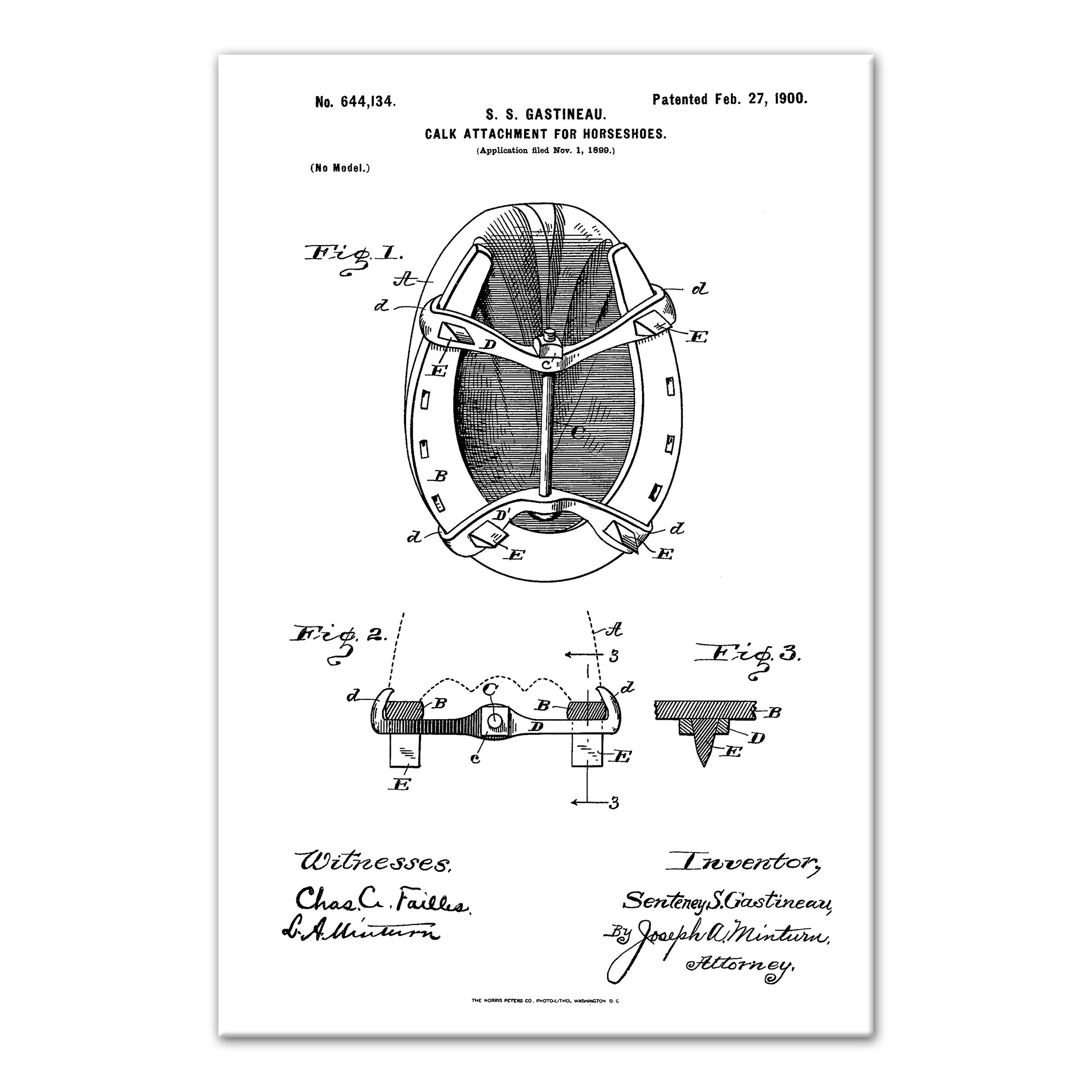 Vintage Horseshoe Patent Sketch Flat 20x30 Canvas Wall Art
