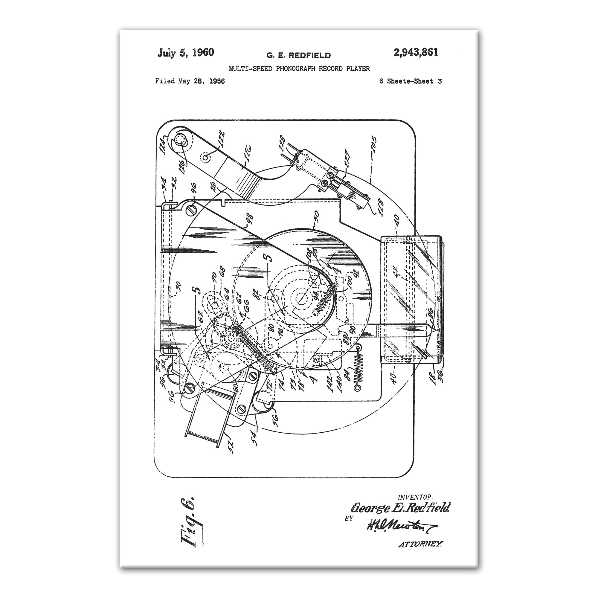 Vintage Record Player Patent 20x30 Canvas Wall Art
