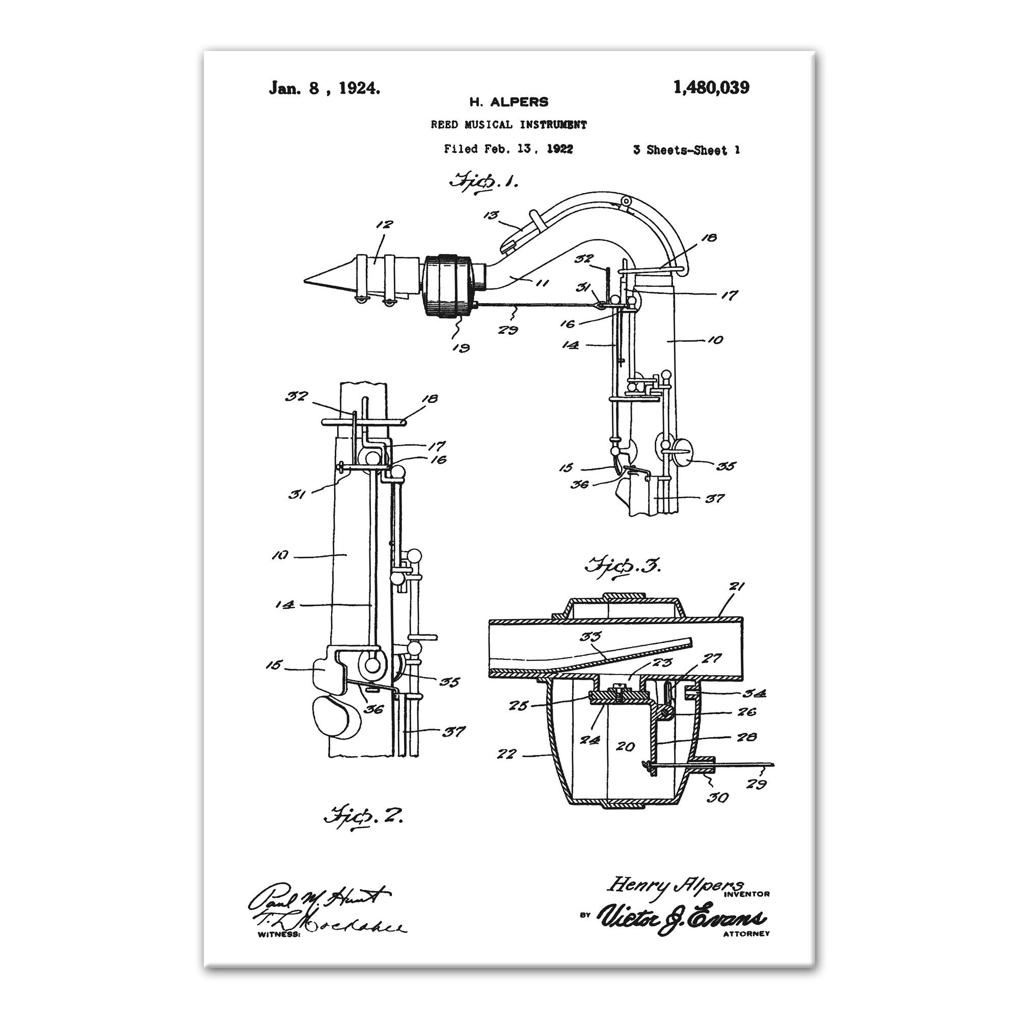 Vintage Saxophone Sketch Patent 20x30 Canvas Wall Art