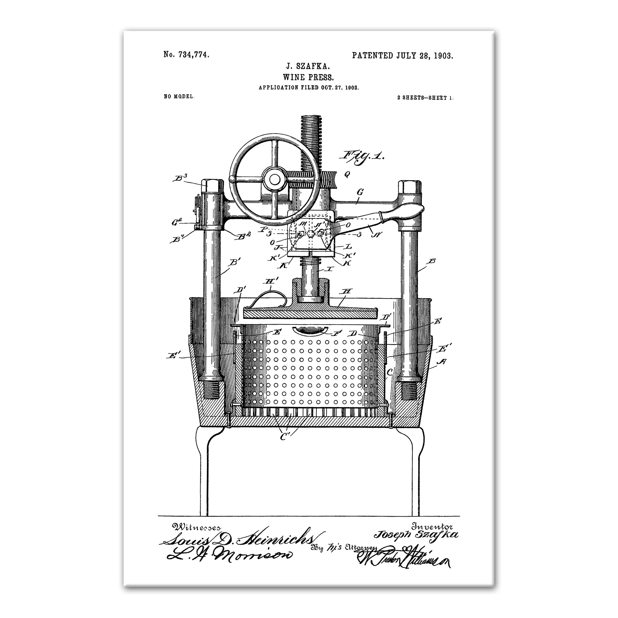 Vintage Wine Press Patent 20x30 Canvas Wall Art
