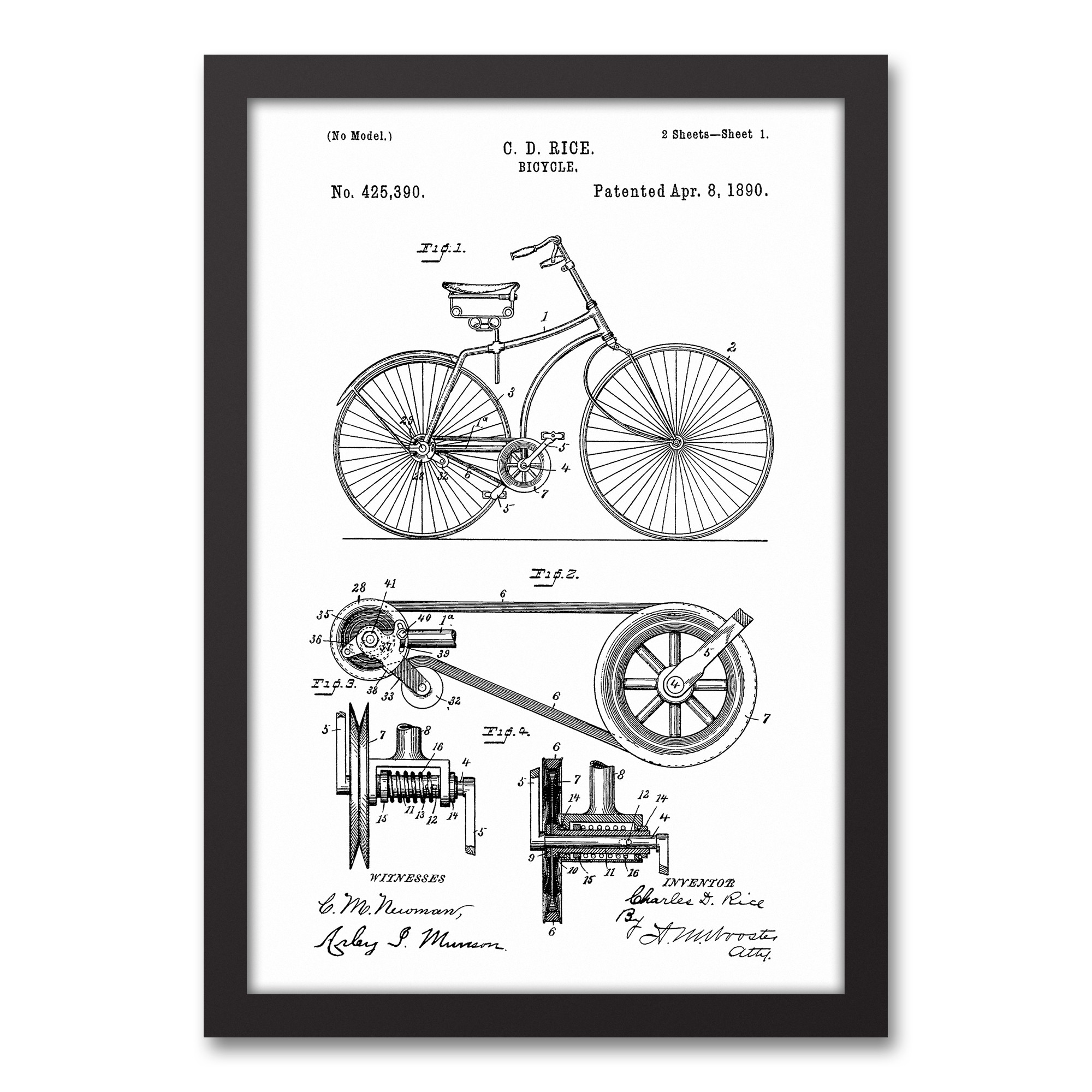 Bike Patent on White 12x18 Black Framed Canvas