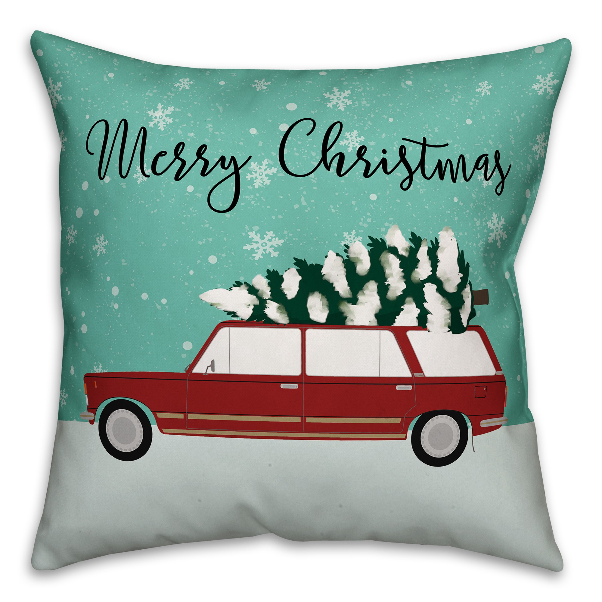 Merry Christmas Station Wagon 18x18 Spun Poly Pillow