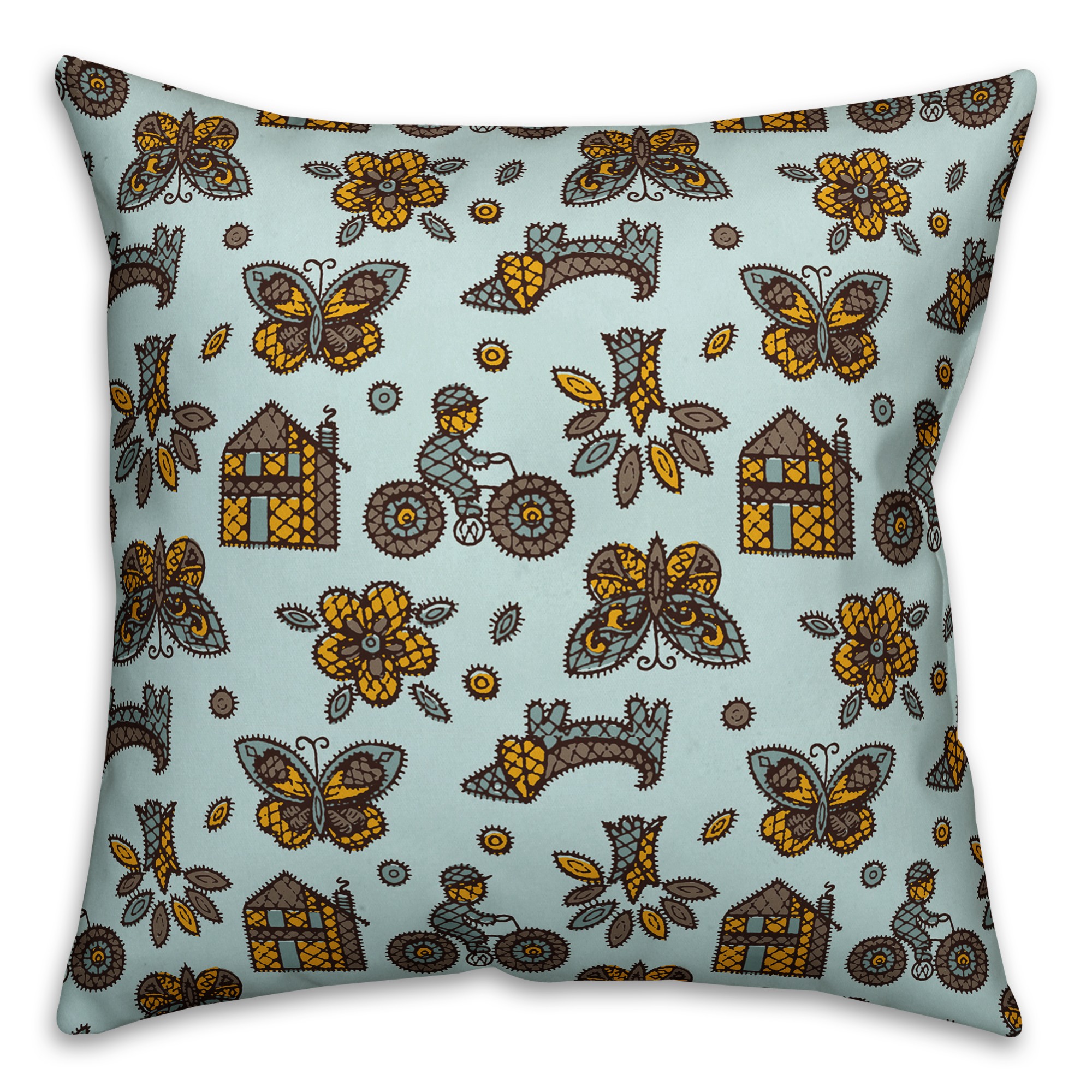 Kids Whimsical Folk Pattern in Blue Pillow Cover