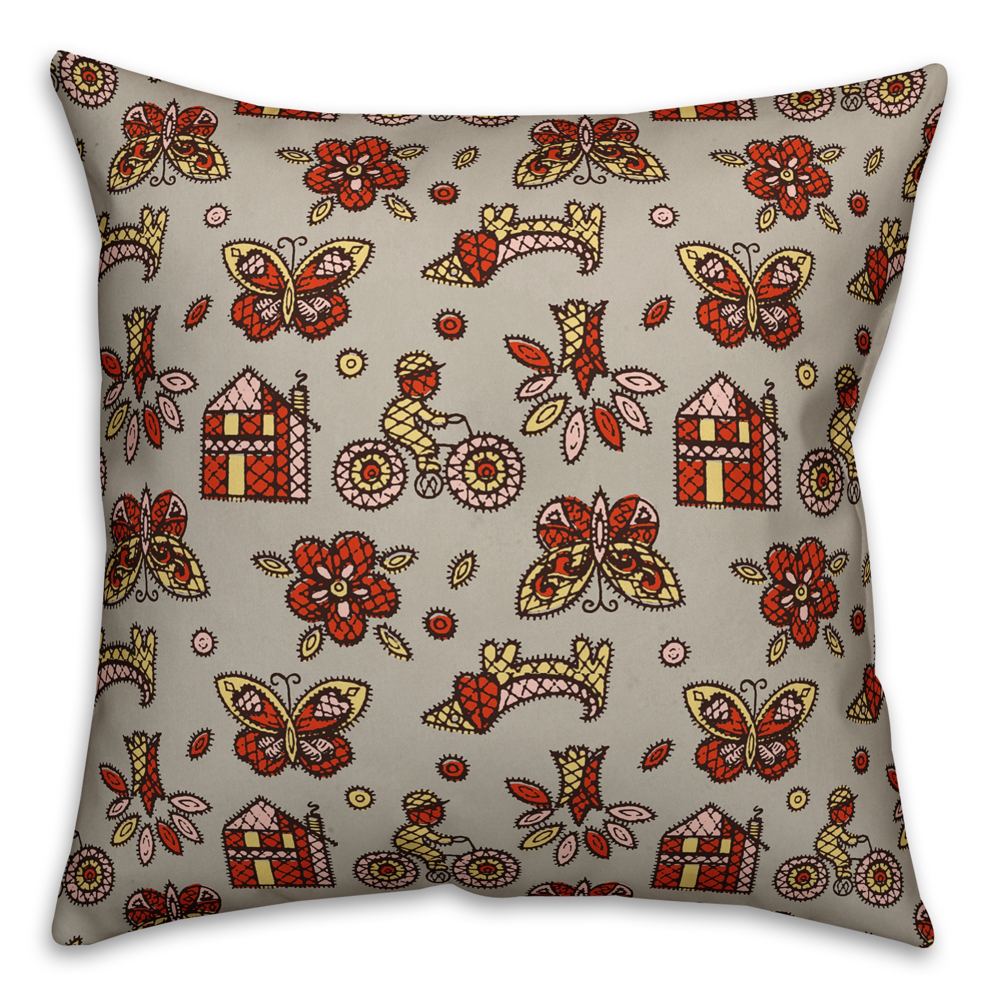 Kids Whimsical Folk Pattern in Red Pillow Cover