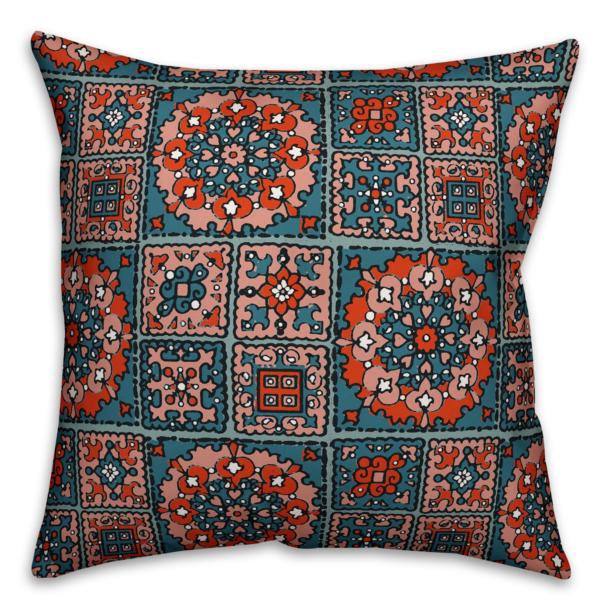 Patchwork Mandala in Blue and Red Pillow