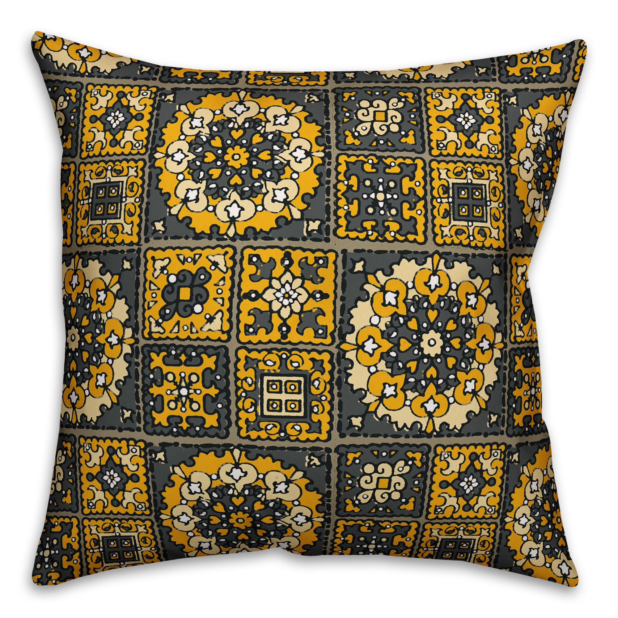 Patchwork Mandala in Yellow and Gray Pillow