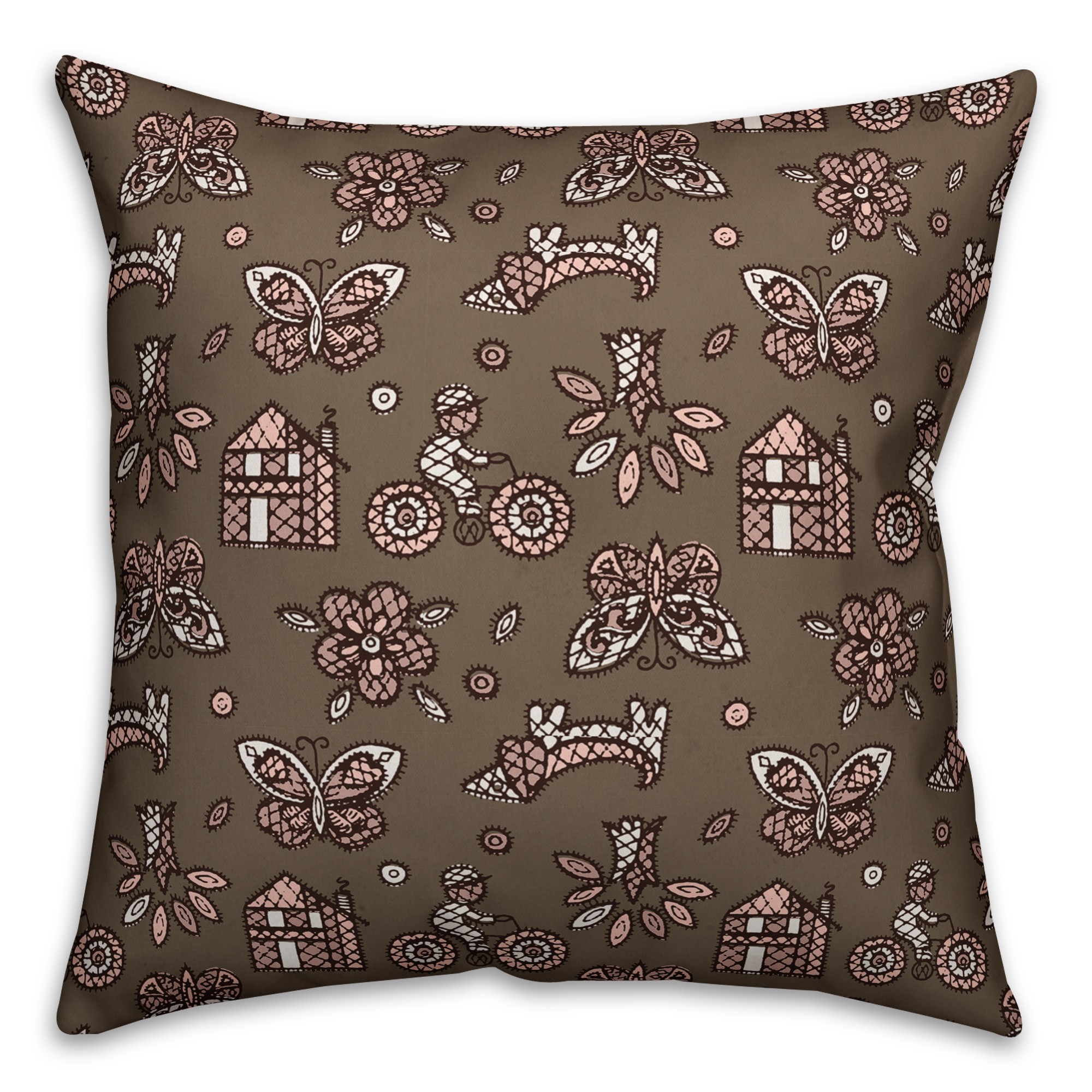 Kids Whimsical Folk Pattern in Pink Pillow Cover