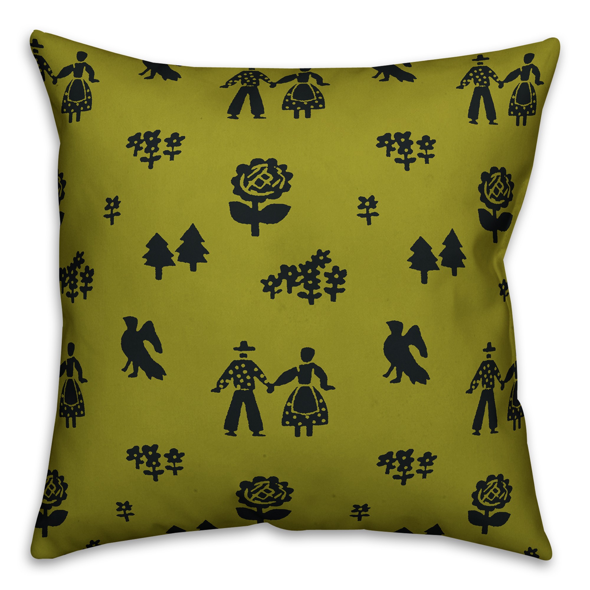 Folk Forest Motif in Green Pillow Cover