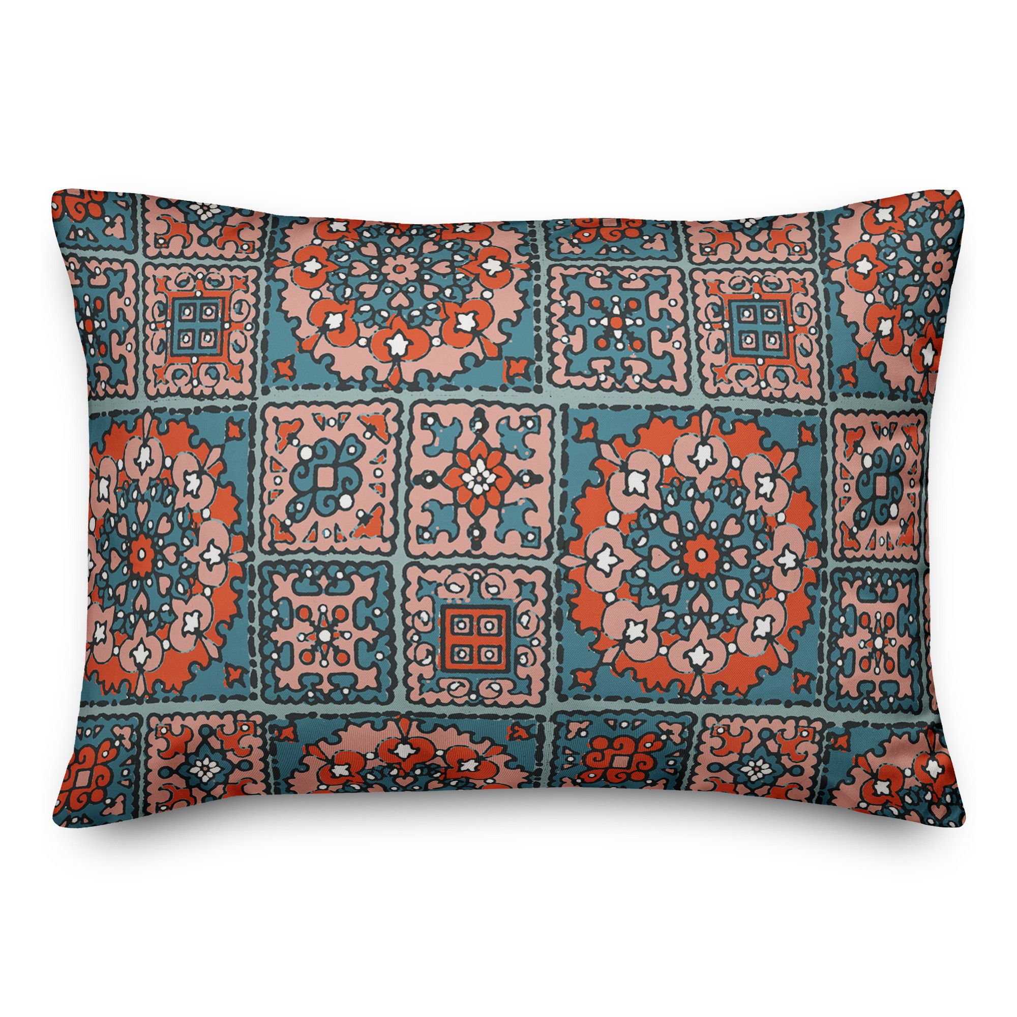 Patchwork Mandala in Blue and Red 14x20 Spun Poly Pillow