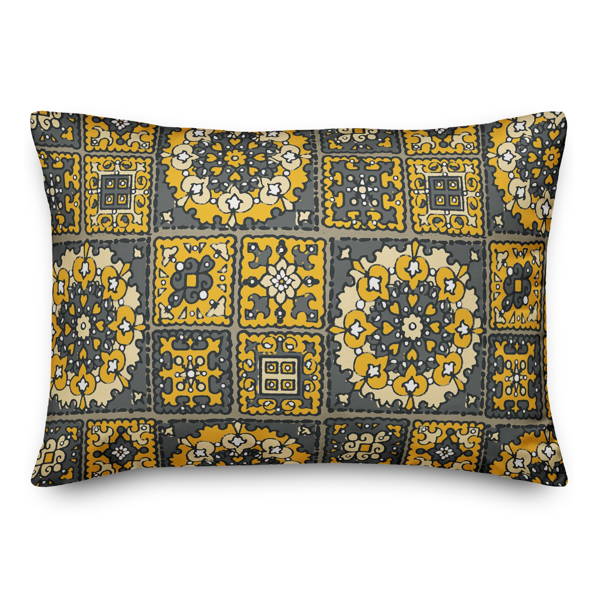 Patchwork Mandala in Yellow and Gray 14x20 Spun Poly Pillow