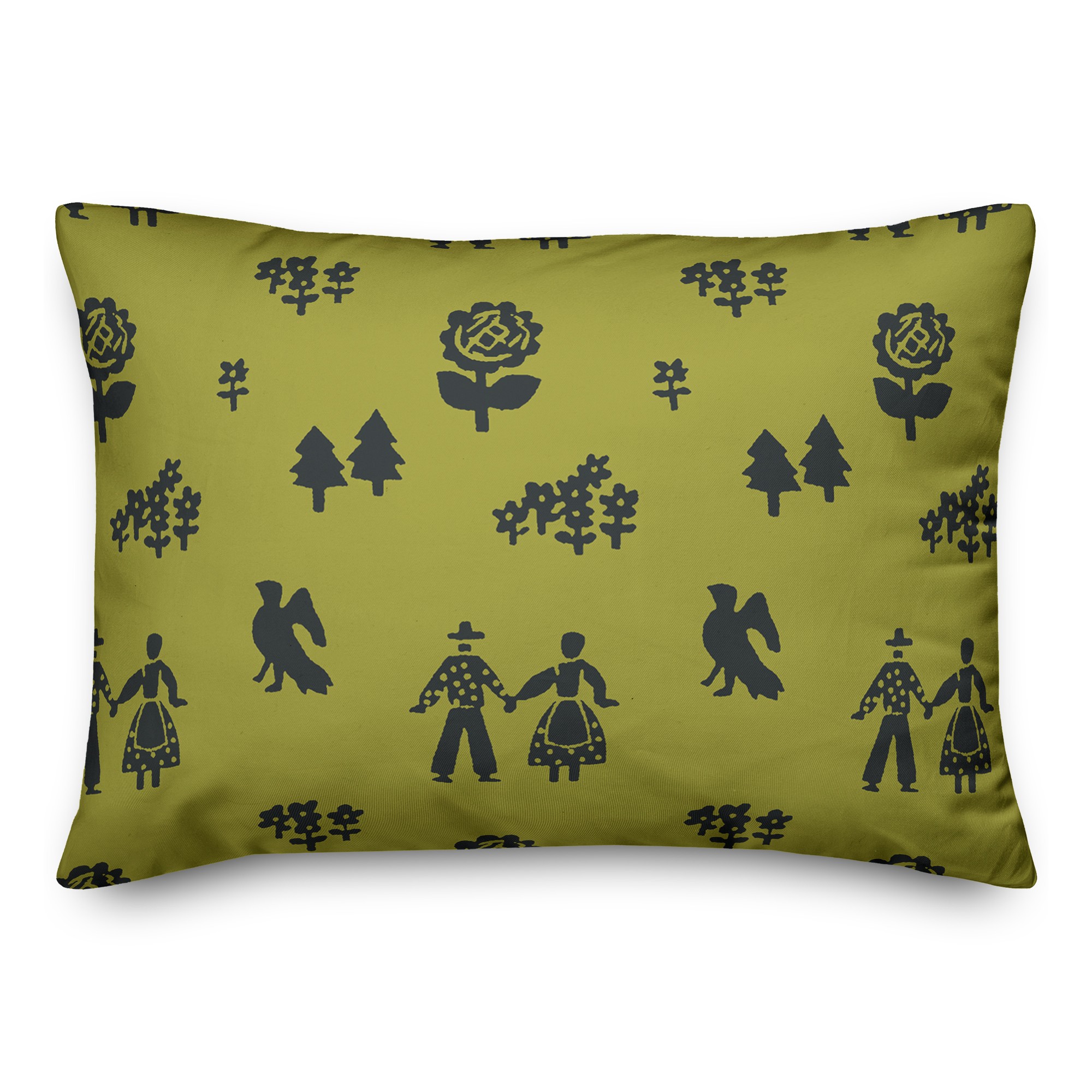 Folk Forest Motif in Green 14x20 Spun Poly Pillow