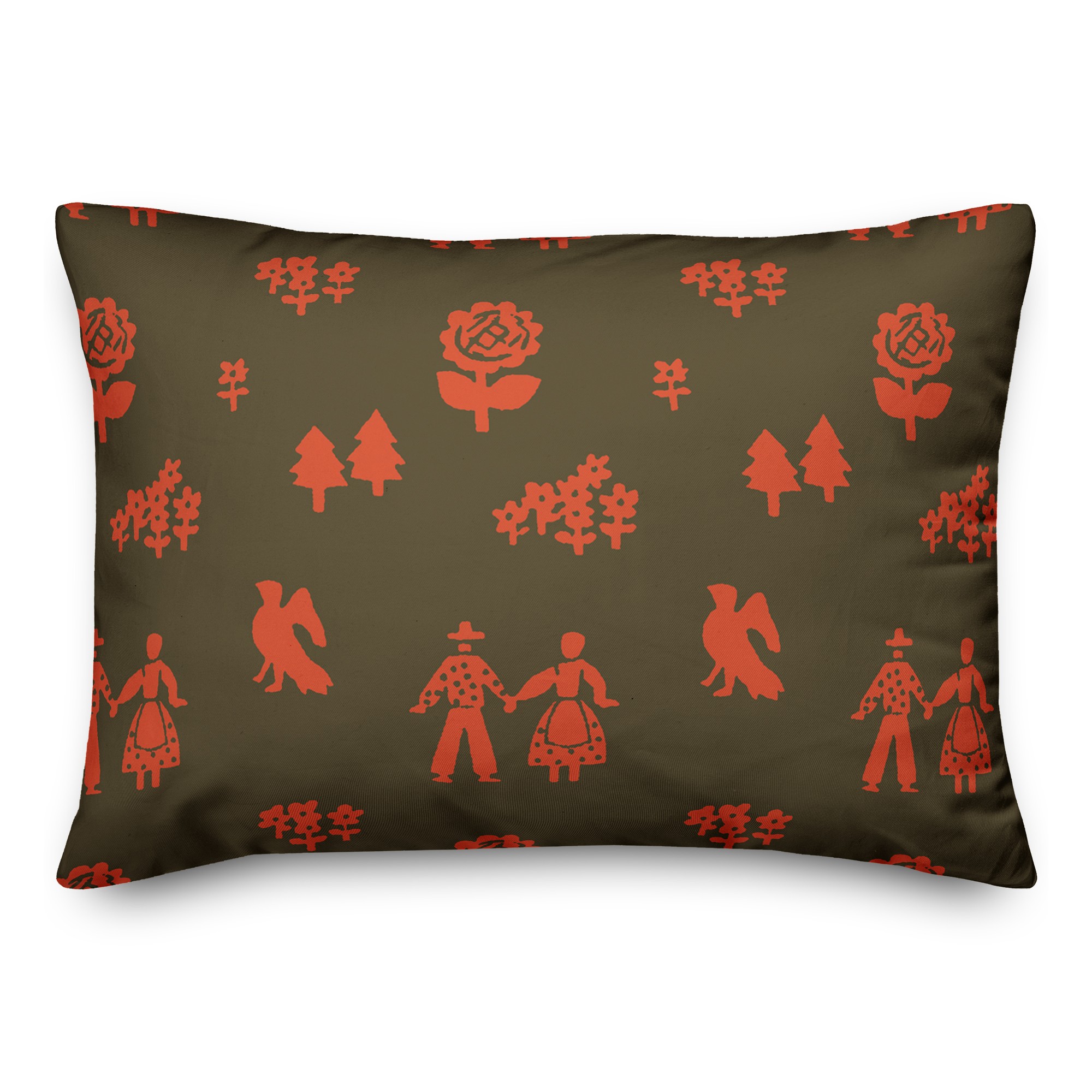 Folk Forest Motif in Red 14x20 Spun Poly Pillow