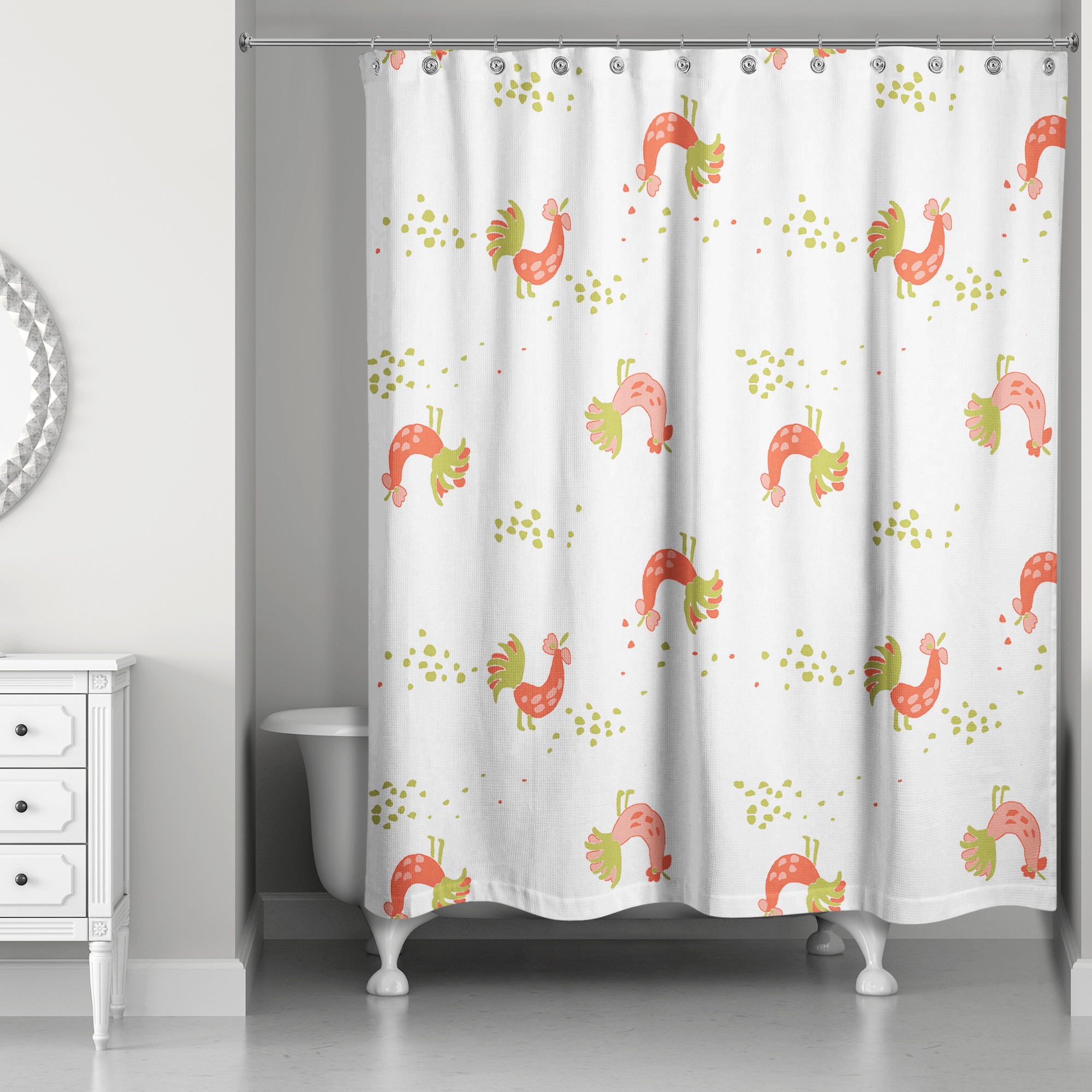 Rooster Pattern in Red and Green 71x74 Shower Curtain