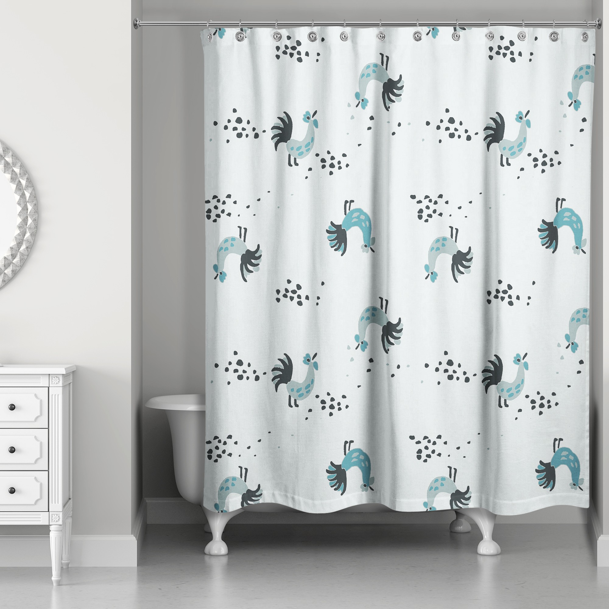 Rooster Pattern in Blue 71x74 Shower Curtain