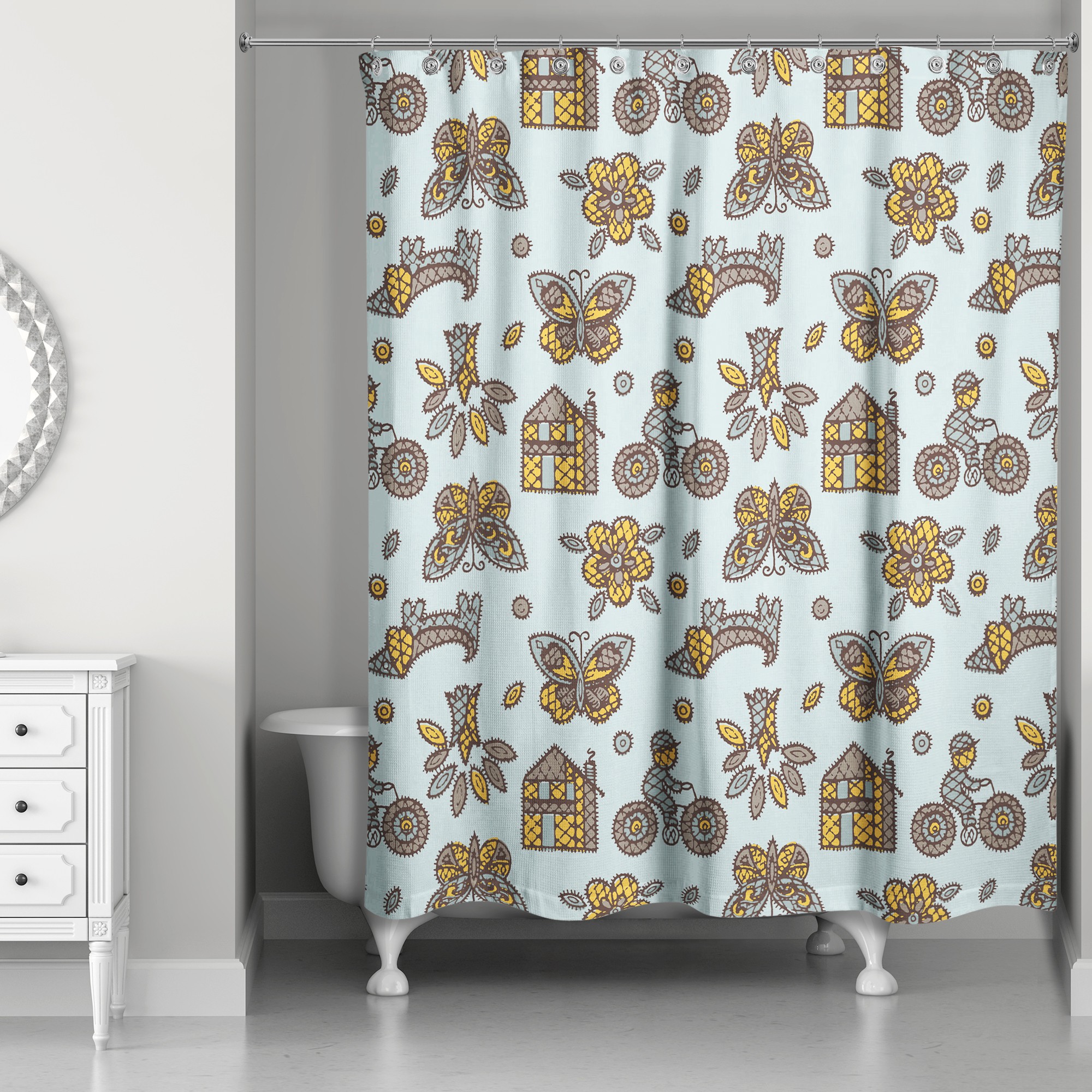 Kids Whimsical Folk Pattern in Blue 71x74 Shower Curtain