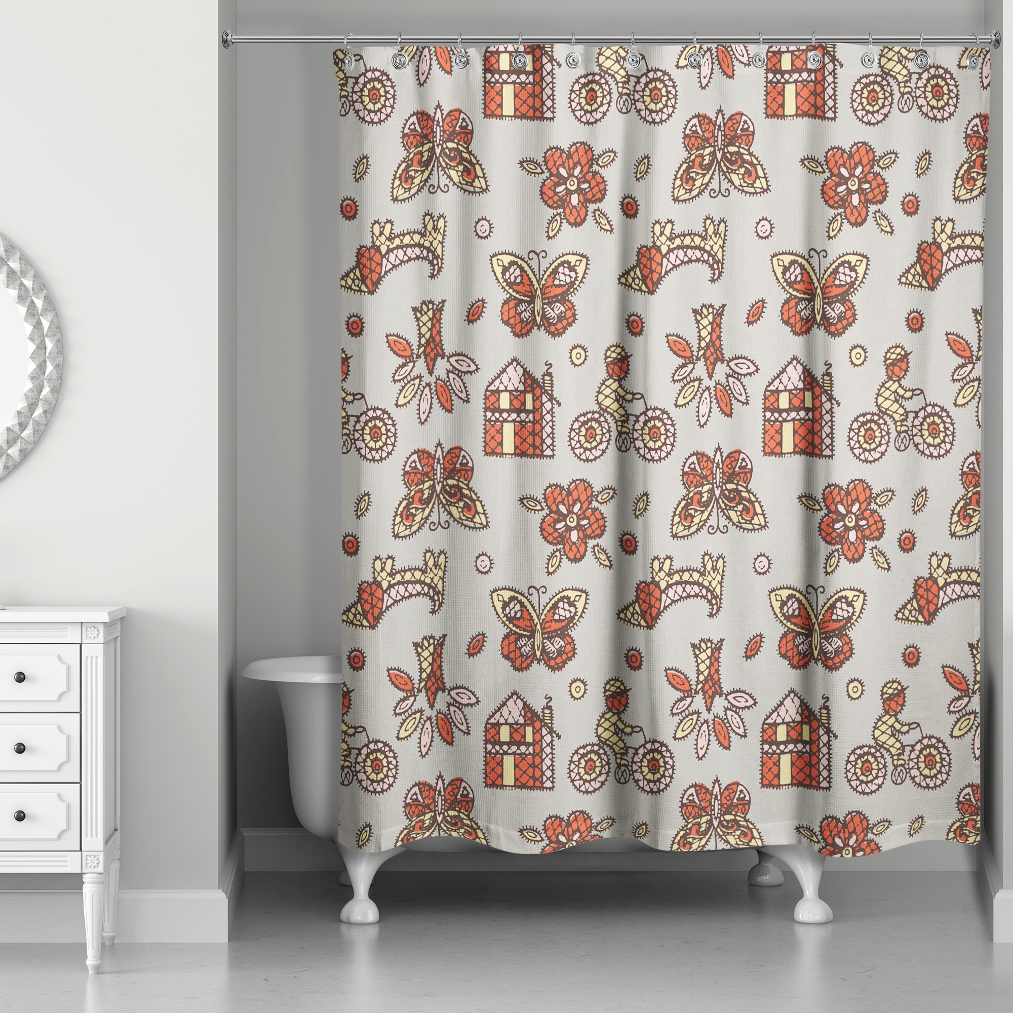 Kids Whimsical Folk Pattern in Red 71x74 Shower Curtain