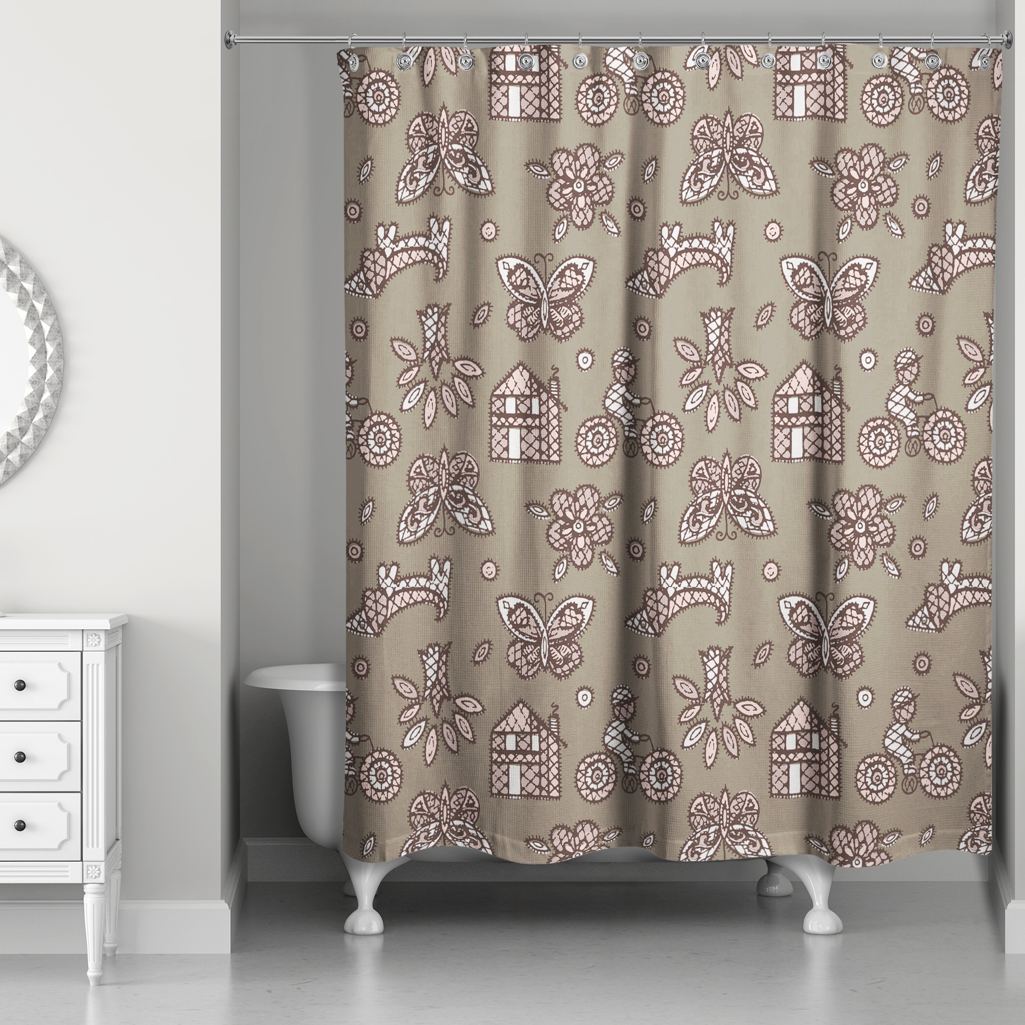 Kids Whimsical Folk Pattern in Pink 71x74 Shower Curtain