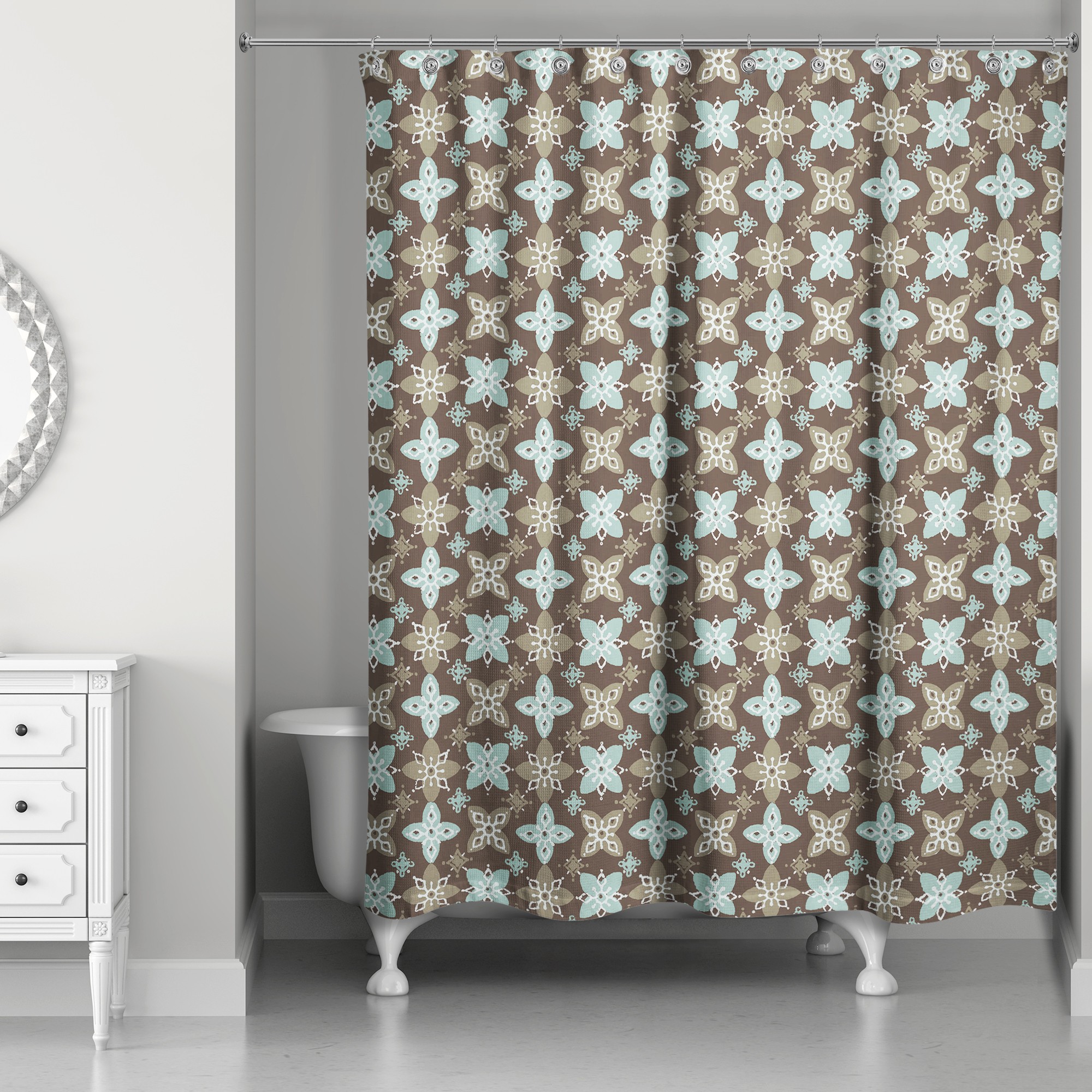 Folk Floral Pattern in Blue and Brown 71x74 Shower Curtain