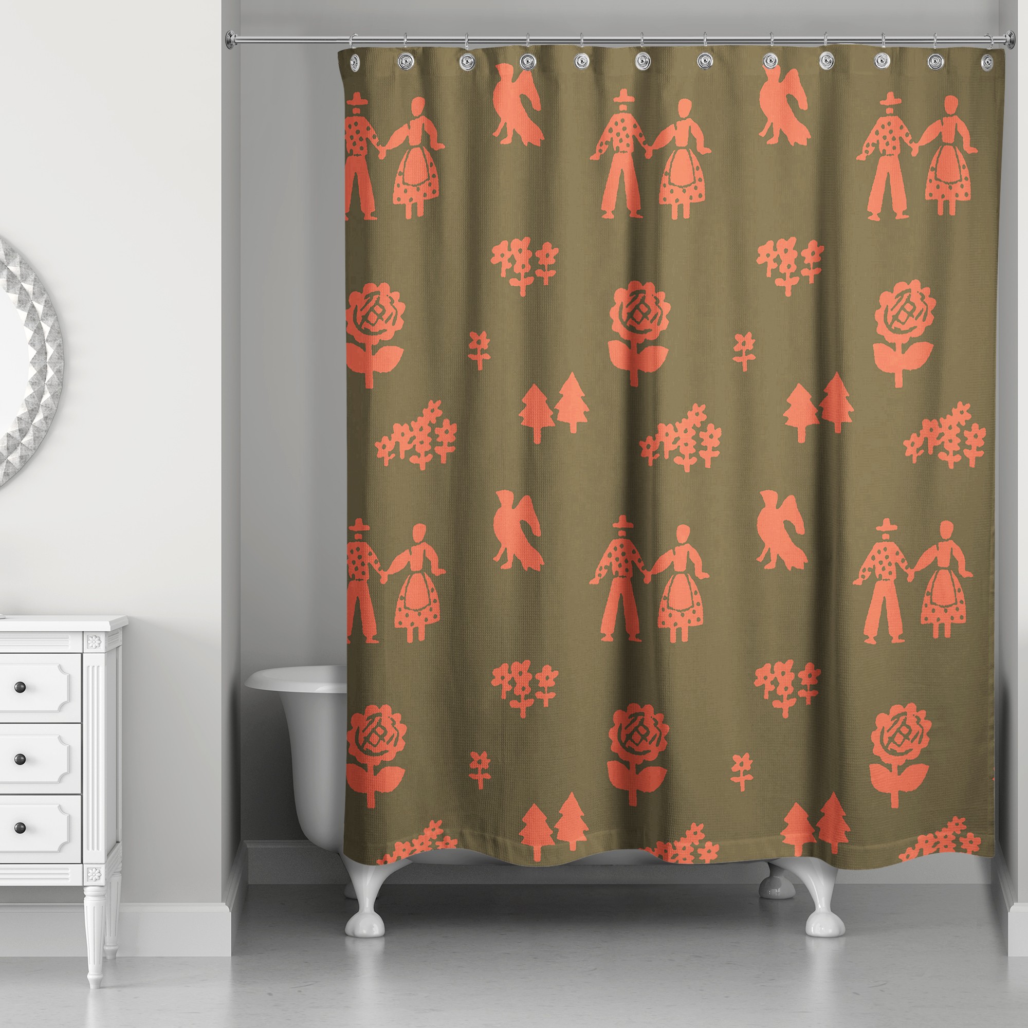 Folk Forest Motif in Red 71x74 Shower Curtain