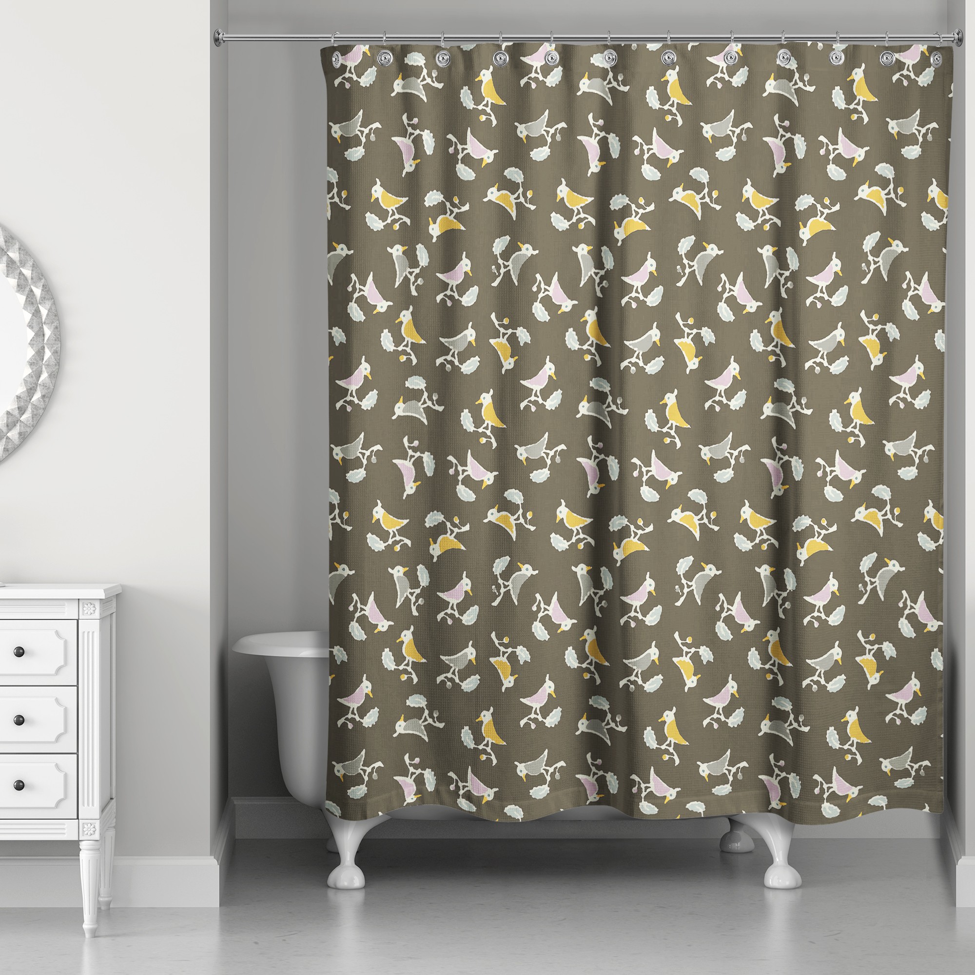 Songbird Pattern in Brown 71x74 Shower Curtain