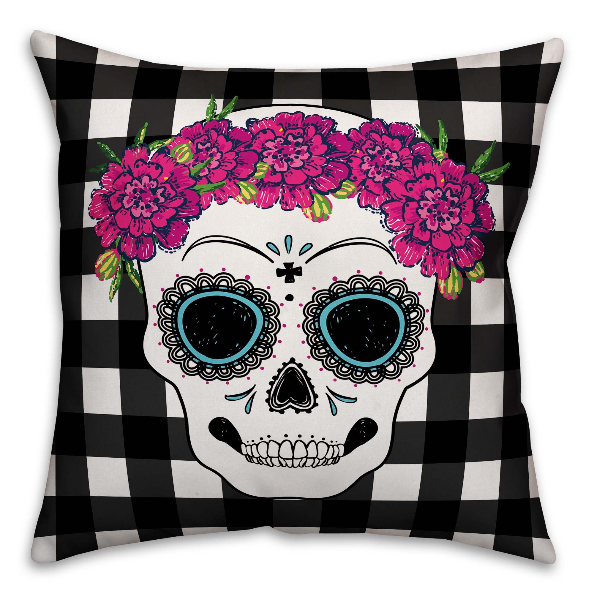 Sugar Skull Buffalo Check 18x18 Spun Poly Pillow