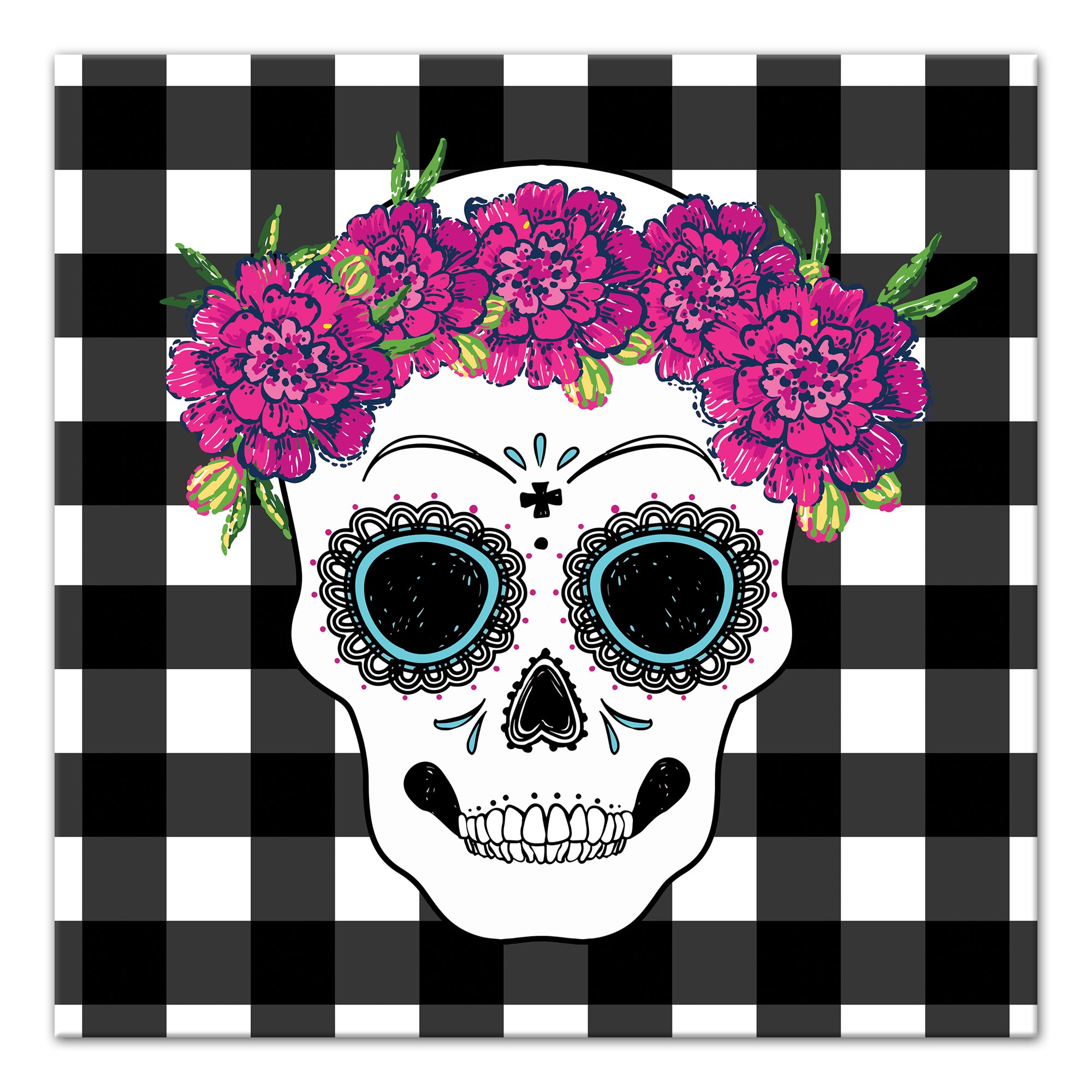 Sugar Skull Buffalo Check 16x16 Canvas Wall Art