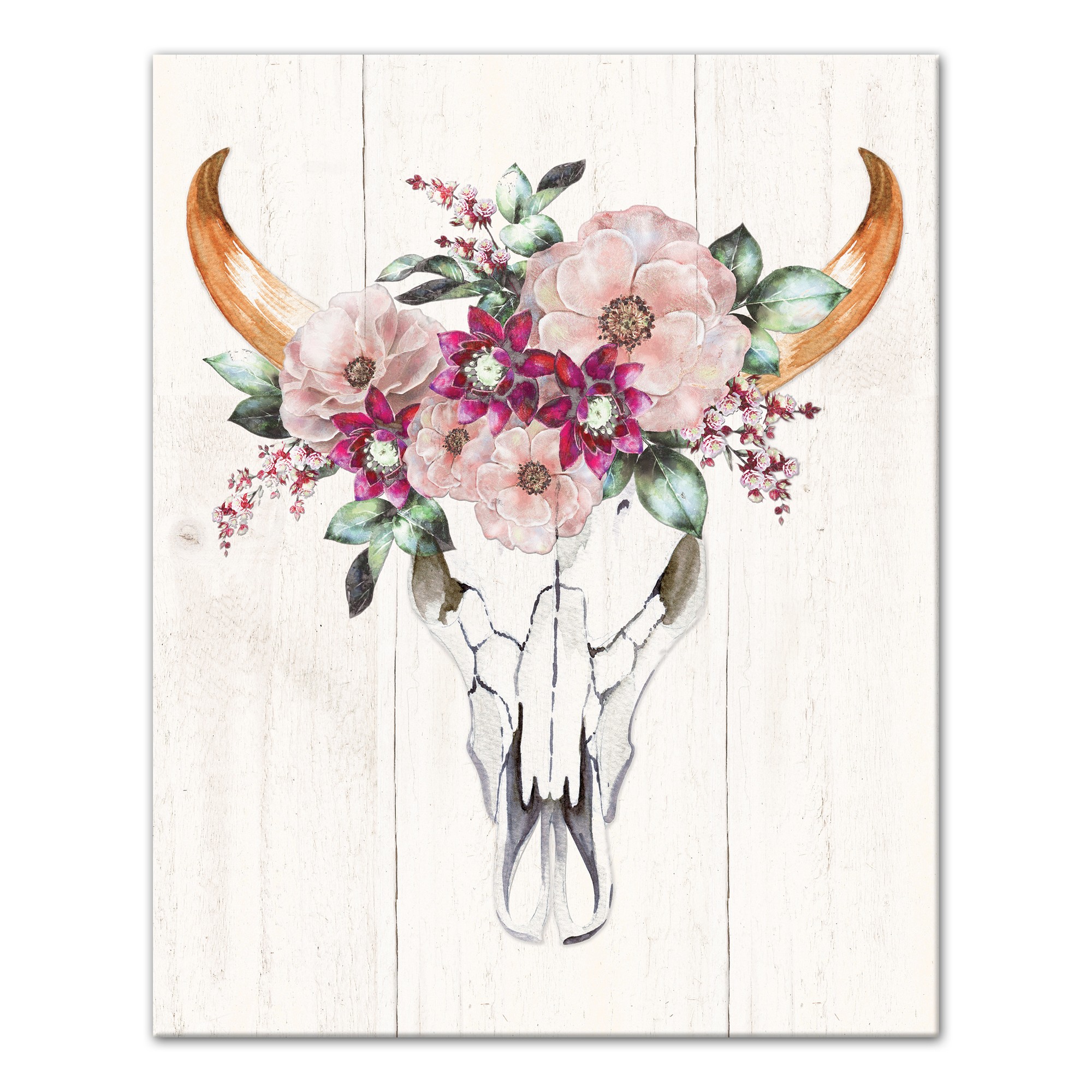 Cow Skull with Flowers 16x20 Canvas Wall Art