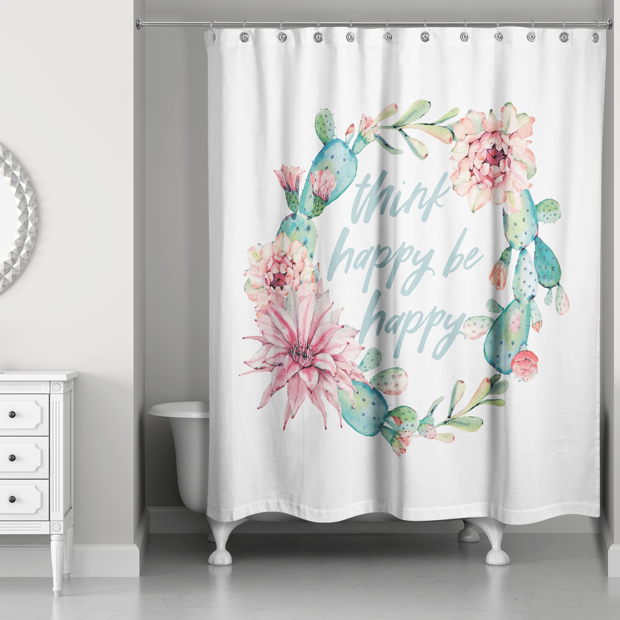 Cactus Wreath Think Happy Be Happy 71x74 Shower Curtain