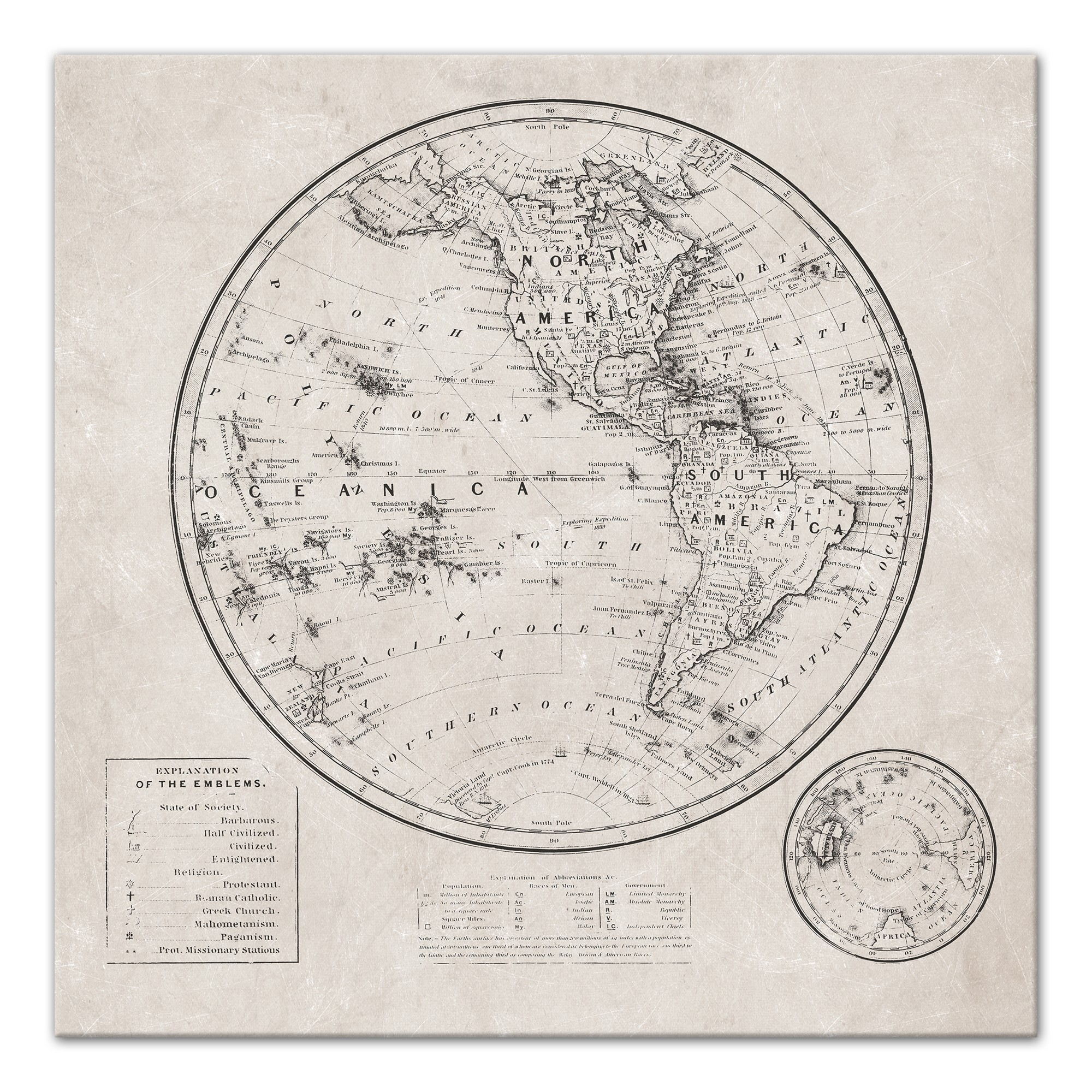 Round World Map Distressed 16x16 Canvas Wall Art