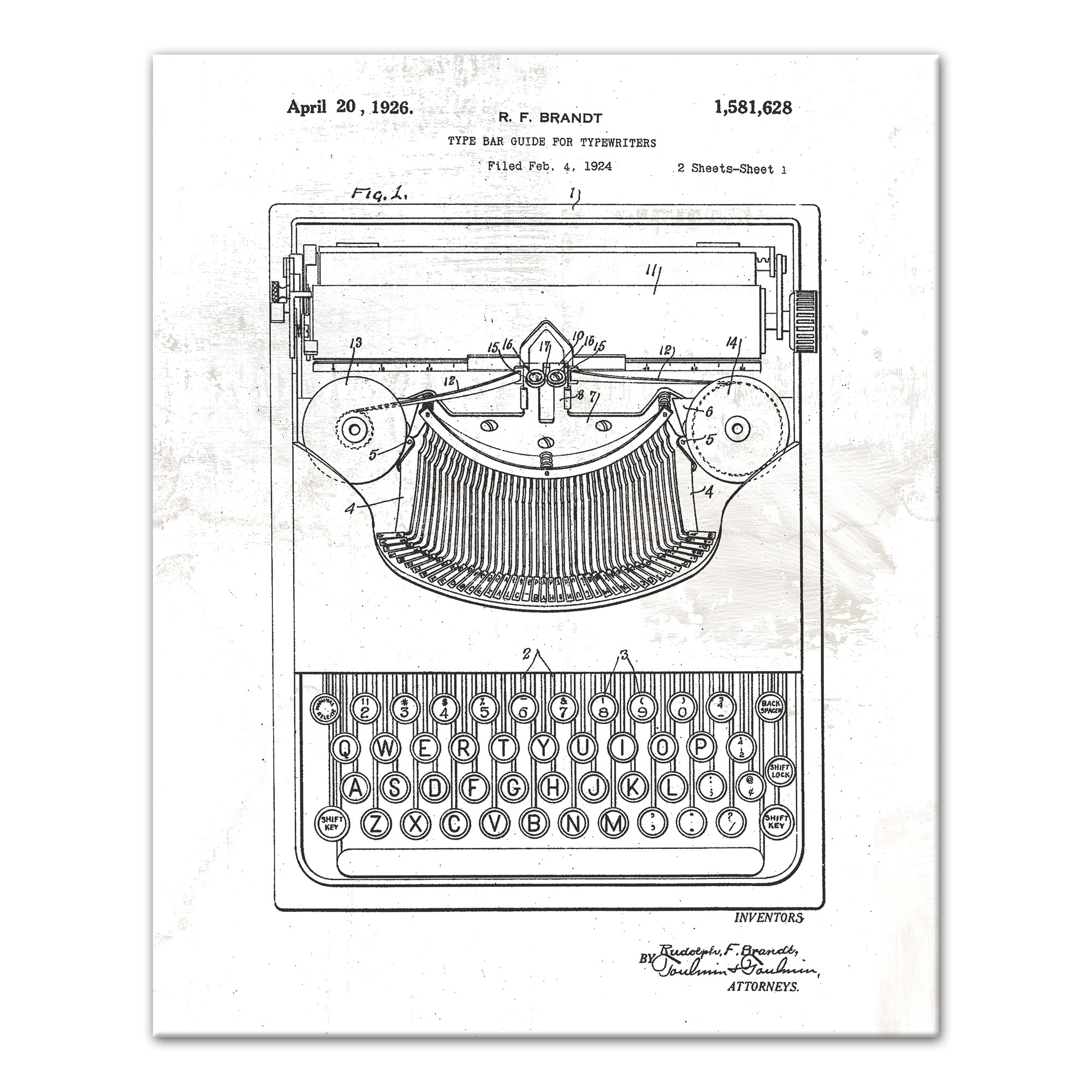 Typewriter Patent on Distressed White 16x20 Canvas Wall Art