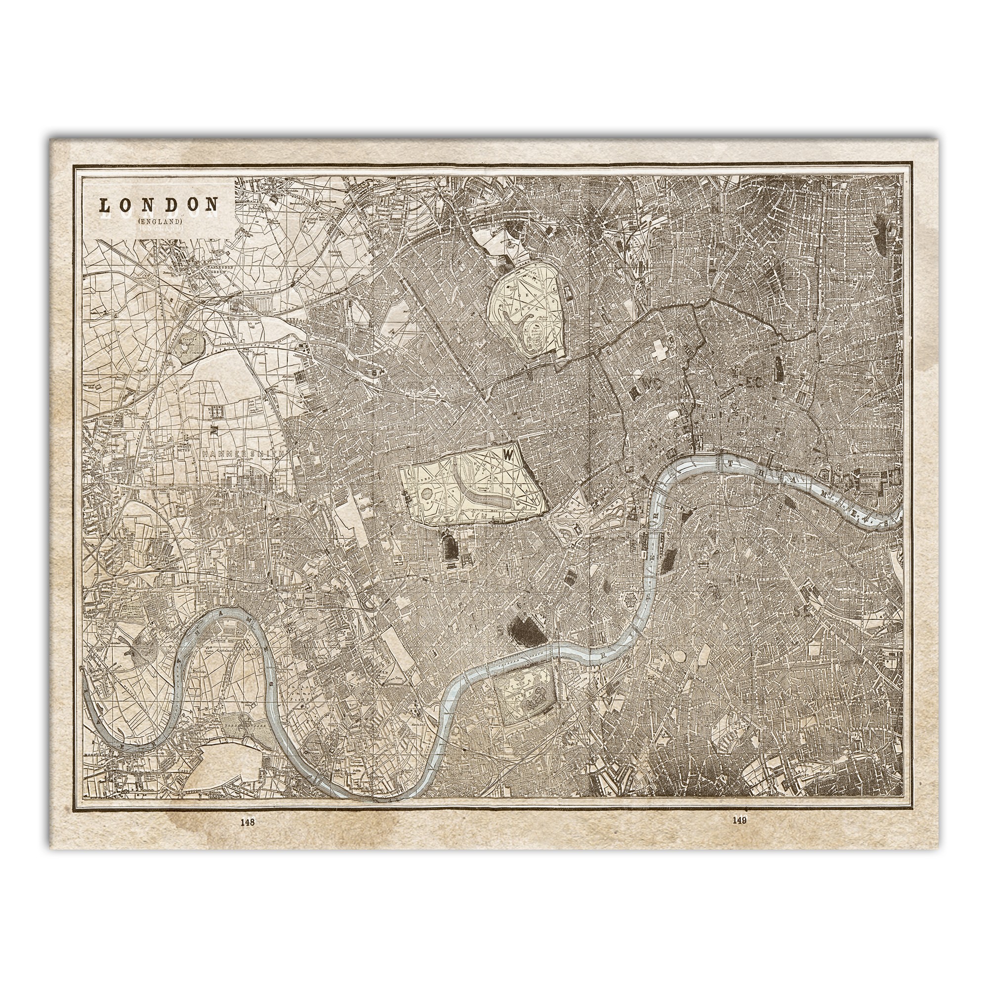 Vintage Map of London on Water Stained Canvas 16x20 Canvas Wall Art
