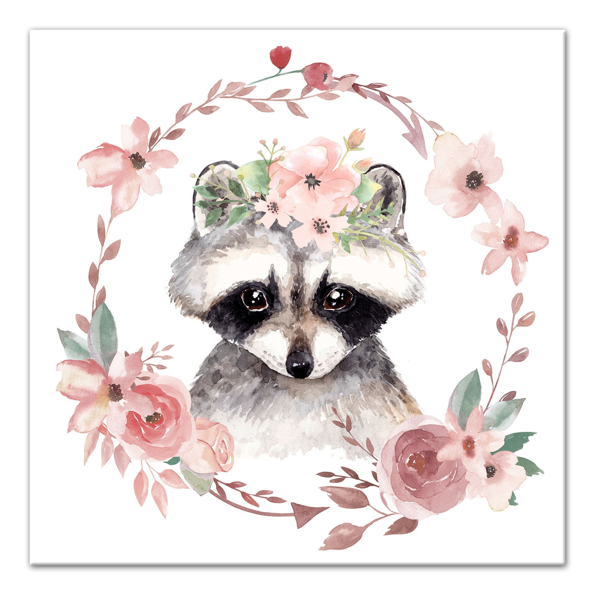 Floral Raccoon 16x16 Canvas Wall Art
